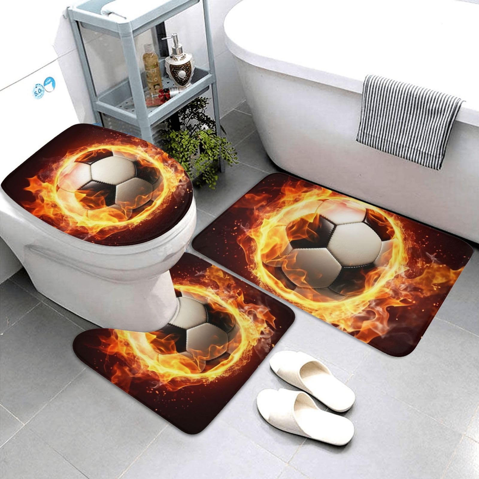 Tapis de bain ballon de football en feu pour décorer la salle de bain des enfants et ados