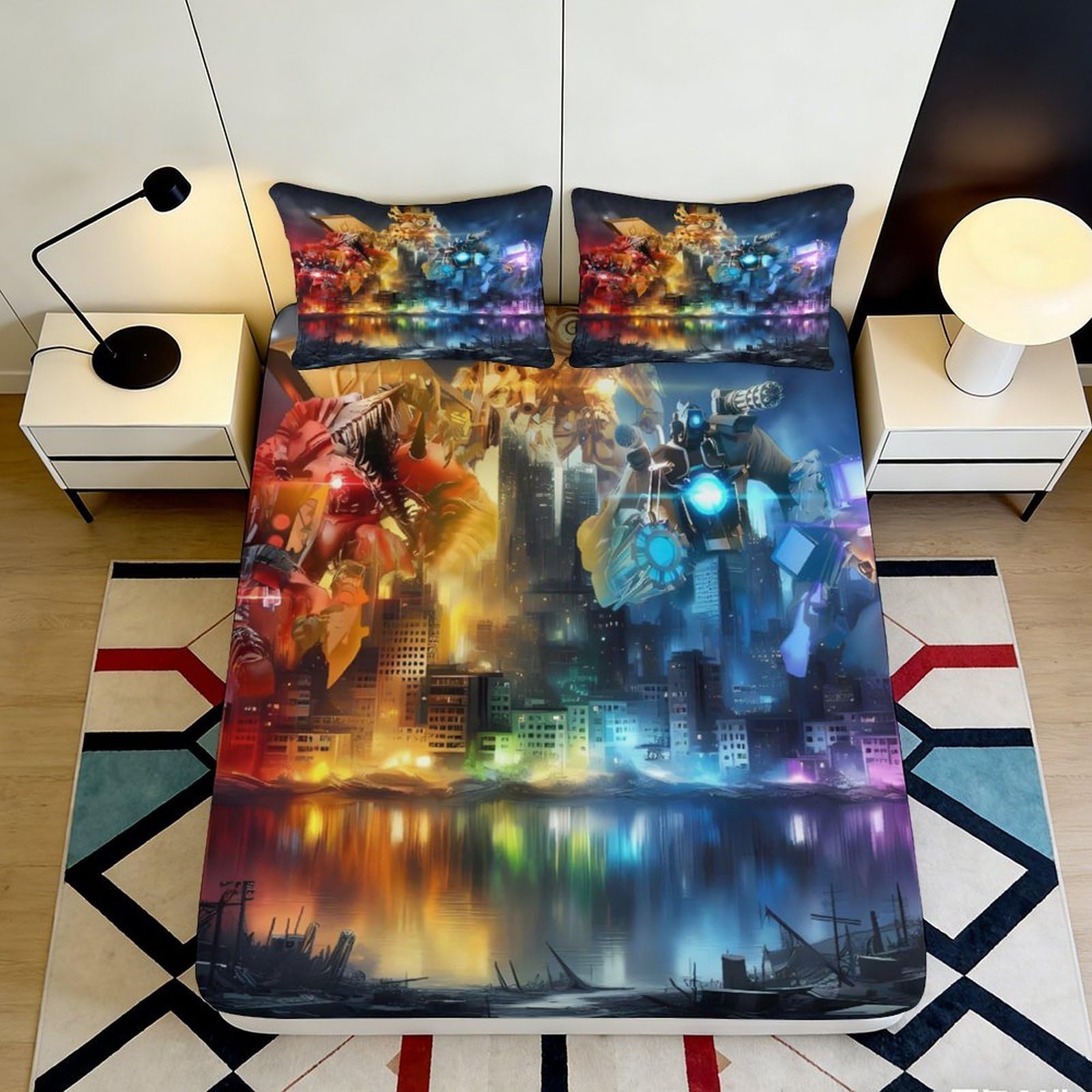 3D Printed Fantasy Cityscape Fitted Sheet Microfiber Colourful Abstract Dragon Mattress Cover for Bedroom Dorm Decor 90x200x25cm