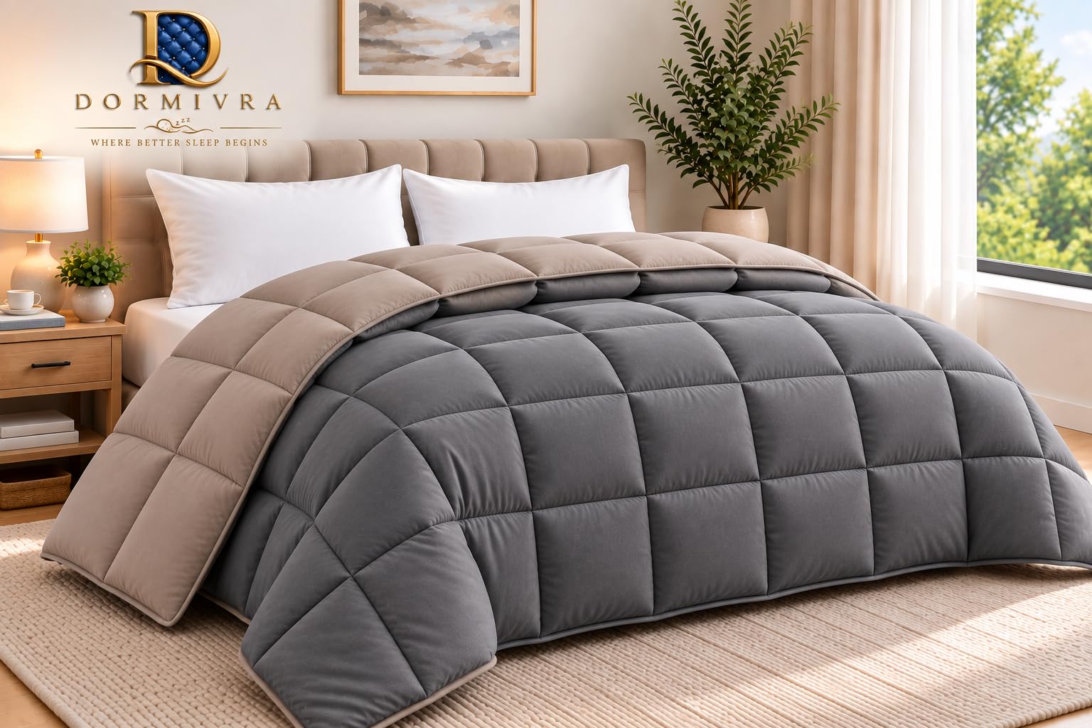 king size (90 × 100 inch), 300 gsm, taupe & dark grey – premium microfiber reversible winter comforter & blanket – soft, warm & cozy bedding, ideal for 12–18°c, breathable & machine washable