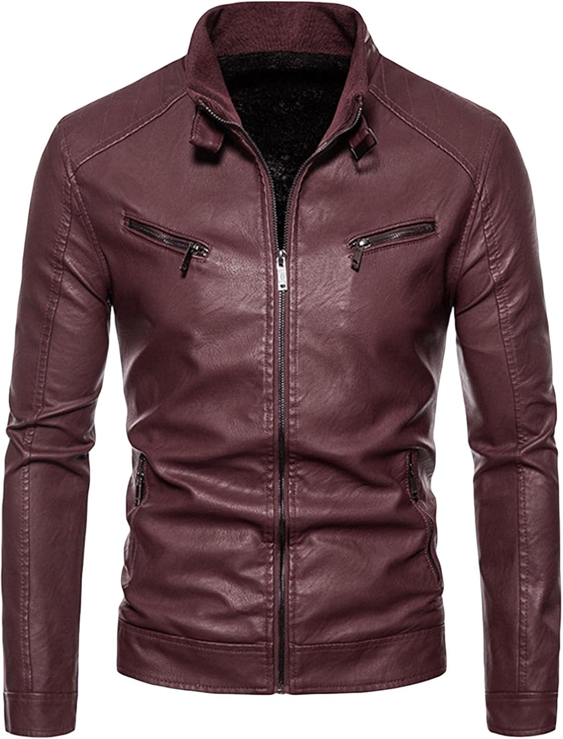 Men's Standing Collar Leather Jacket Male Motorcycle Flannel Faux Leather Jacket Men Zip Up Casual Leather Jacket