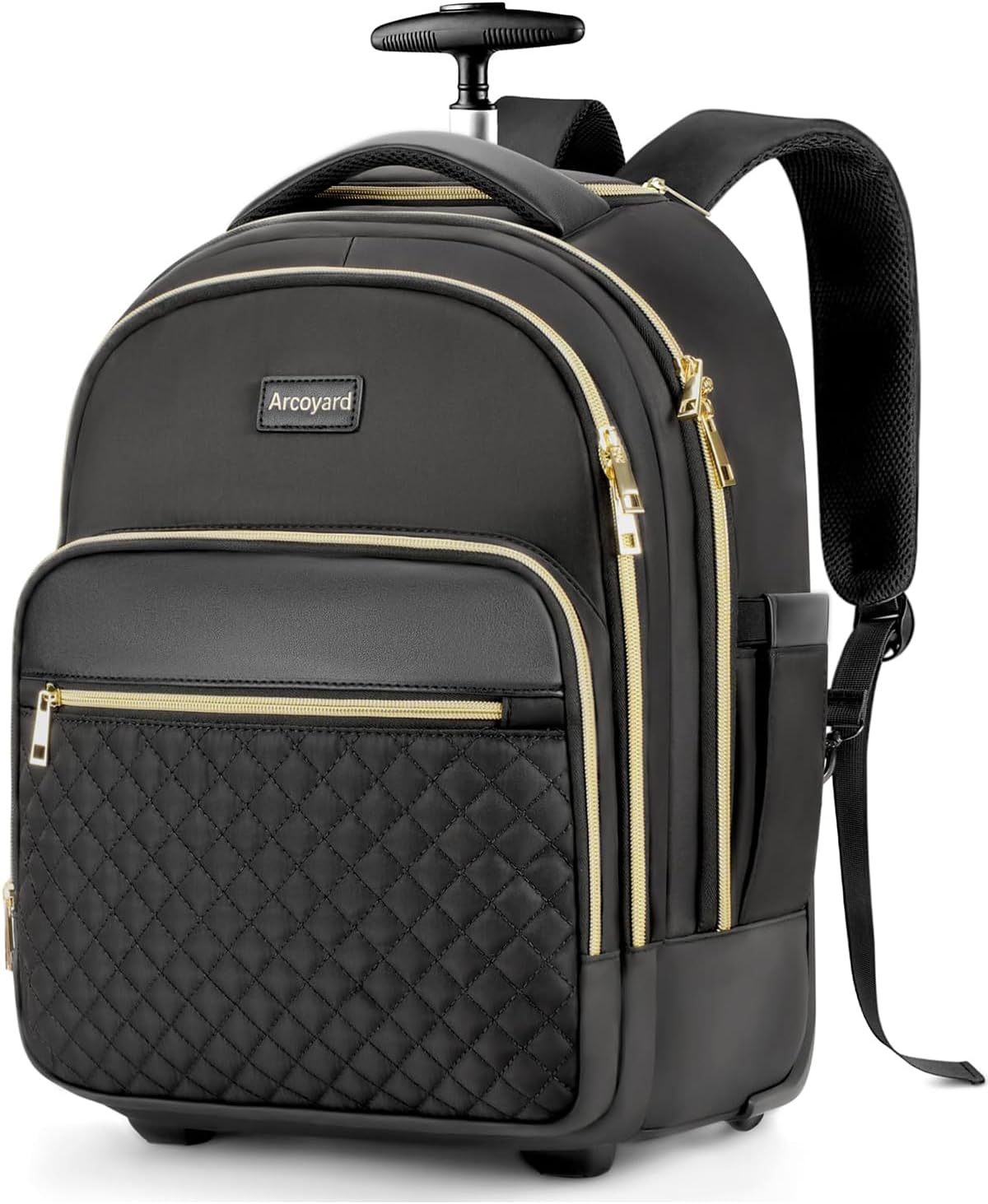 Rolling Backpack for Women, 15 inch Lightweight Wheeled Roller Laptop Backpack for Adults, Water Resistant Underseat Carry On Luggage Bag, TSA Friendly Anti Theft Business Gear, Black Gold