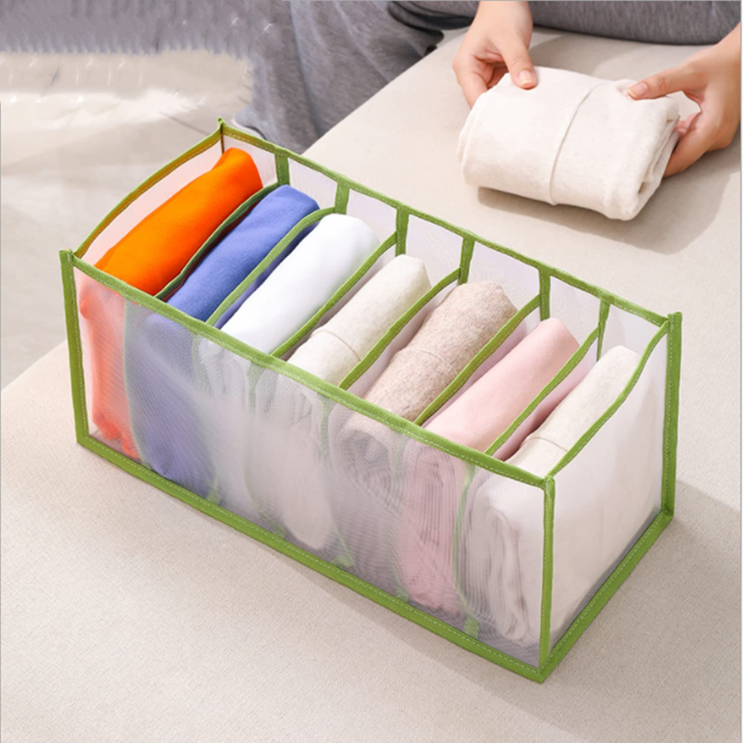 BB-SS 7 Grids Washable Wardrobe Clothes Organizers, 7-Grid Foldable Visible Storage Box, Portable Storage Containers for Leggings, Skirts, T-Shirts, Shorts, Shirts, Jeans, Trousers (7 Grid Leggings Grid, Green)