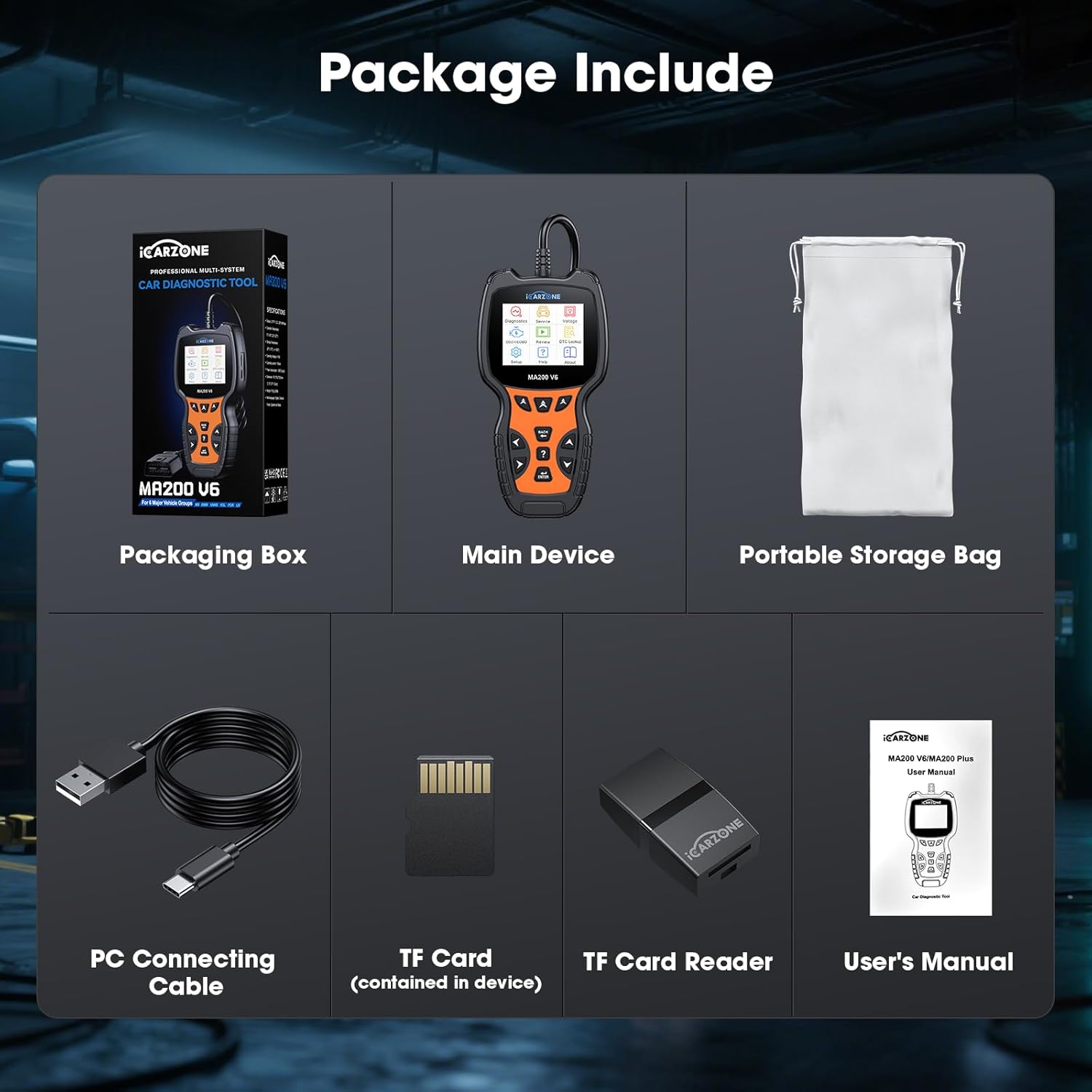 Contents of the ICARZONE MA200 V6 package including the scanner, cables, and manual