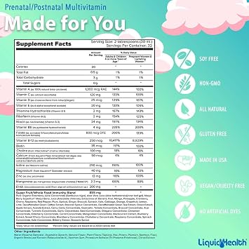 LIQUIDHEALTH Prenatal/Postnatal Multiple Liquid Women's Multivitamin with Real Folate - Pre & Postnatal Vitamins for Before, During, After Pregnancy - Made in USA, Vegan, Sugar-Free, Non-GMO (32 oz)