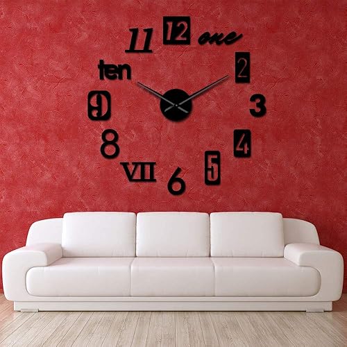 Miniatura 4 de The Geeky Days Fishon Numbers - Reloj de pared gigante sin marco con efecto espejo, arte de pared para decoración del hogar (negro)