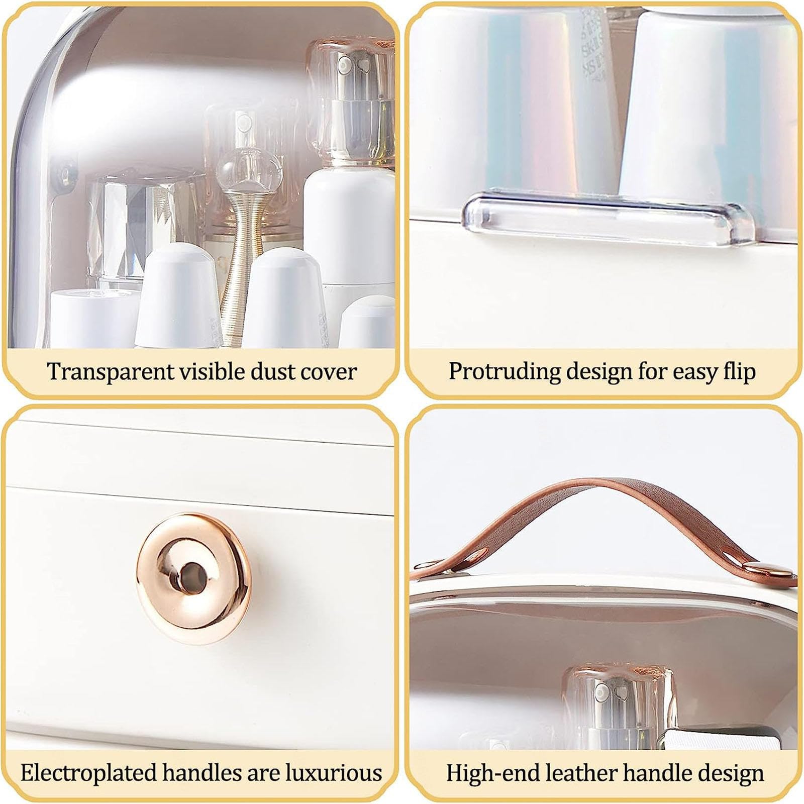 VIDECOR Organisateur Maquillage avec Porte pinceaux,Présentoir Cosmétiques avec Couvercle Transparent Rangement, Organisateur Soins Peau Anti poussière,Idéal Salle Bain Comptoir Vanité,White