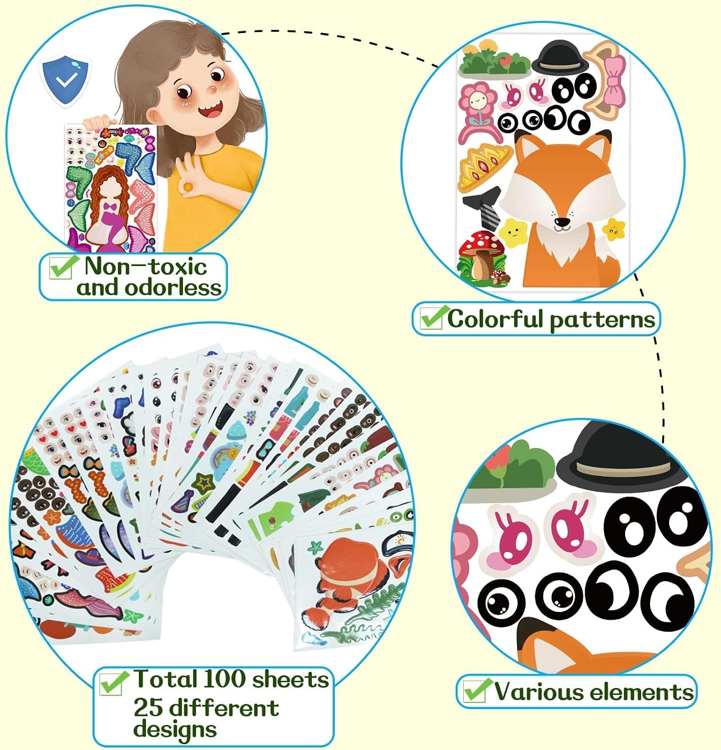 100 Pack DIY Make Your Own Animal Face Stickers - 25 Designs, Funny Mermaid Princess Prince Face Stickers for Kids, Party & Festival Favor, School Reward, Art & Craft image 4