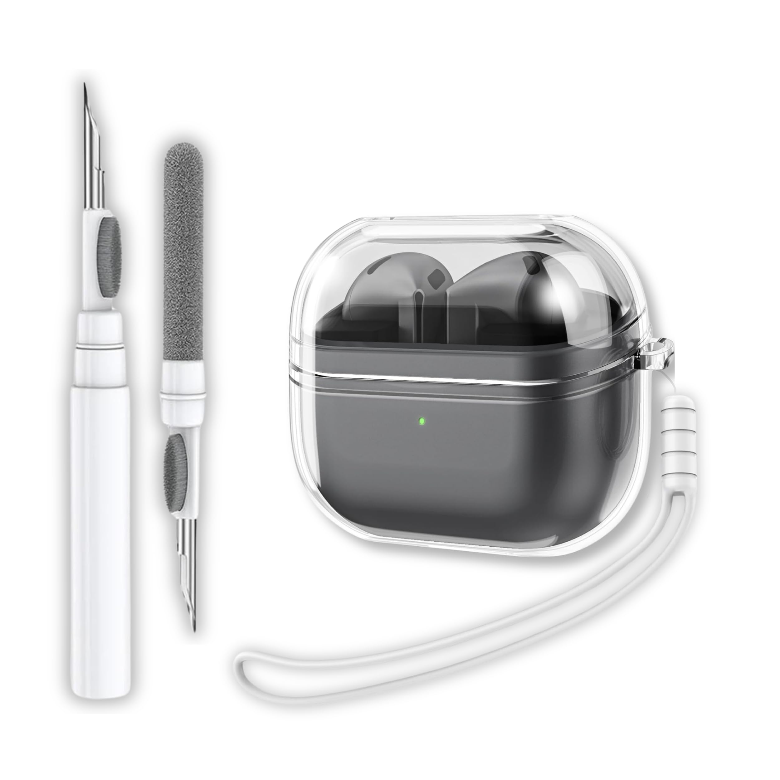 EWEC Samsung Galaxy Buds3 / Galaxy Buds3 Pro ve Galaxy Buds3 FE Uyumlu Şeffaf Premium Kulaklık Kılıfı, Silikon Kulaklık İpi ve 3'ü 1 Arada Bluetooth Kulaklık Temizleme Kalemi Seti (Şeffaf)