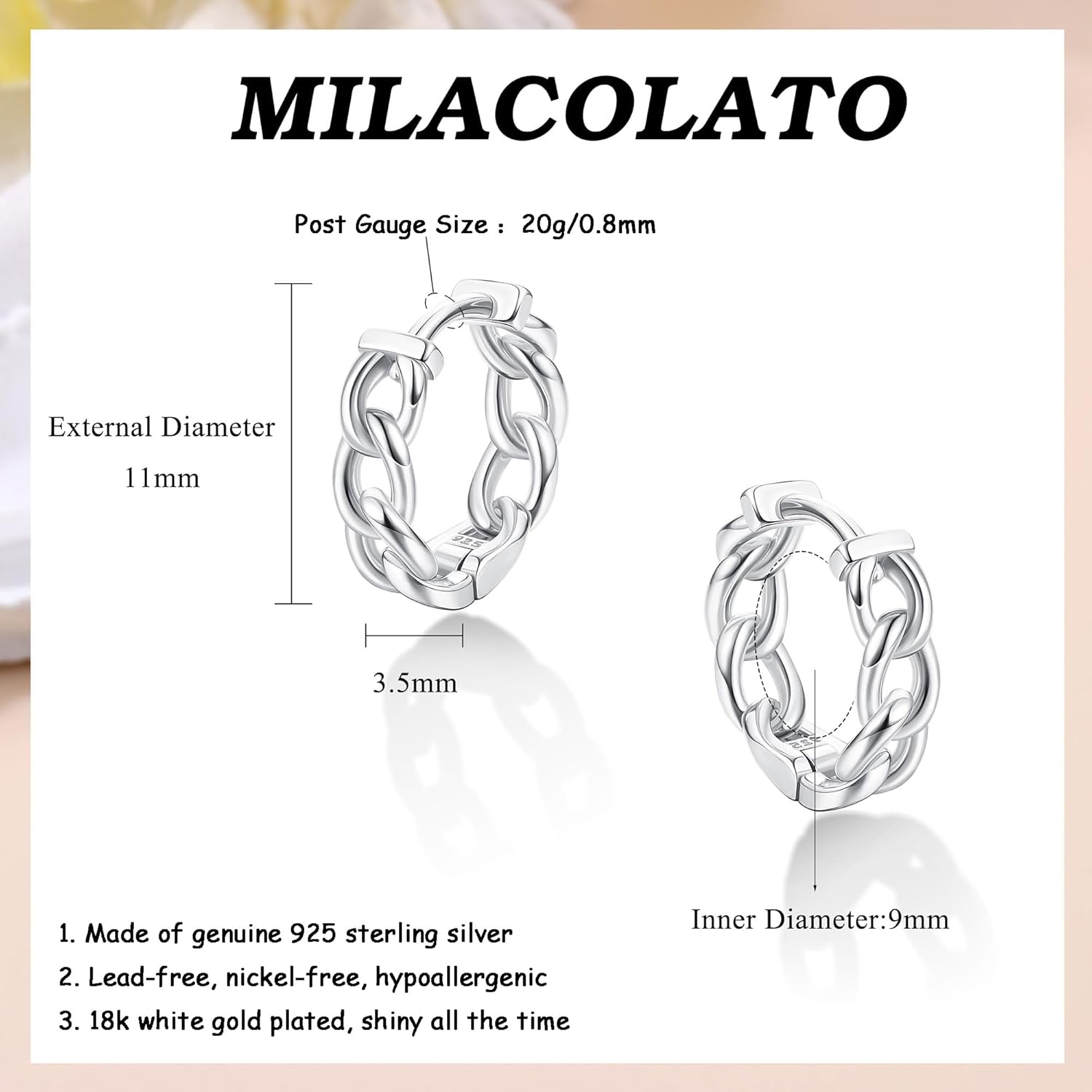 Milacolato 925 Sterling Silver Small Hoop Earrings 18K Gold Plated Curb Chain Huggie Earrings Hypoallergenic Cartilage Hoops Earrings for Women - Image 2