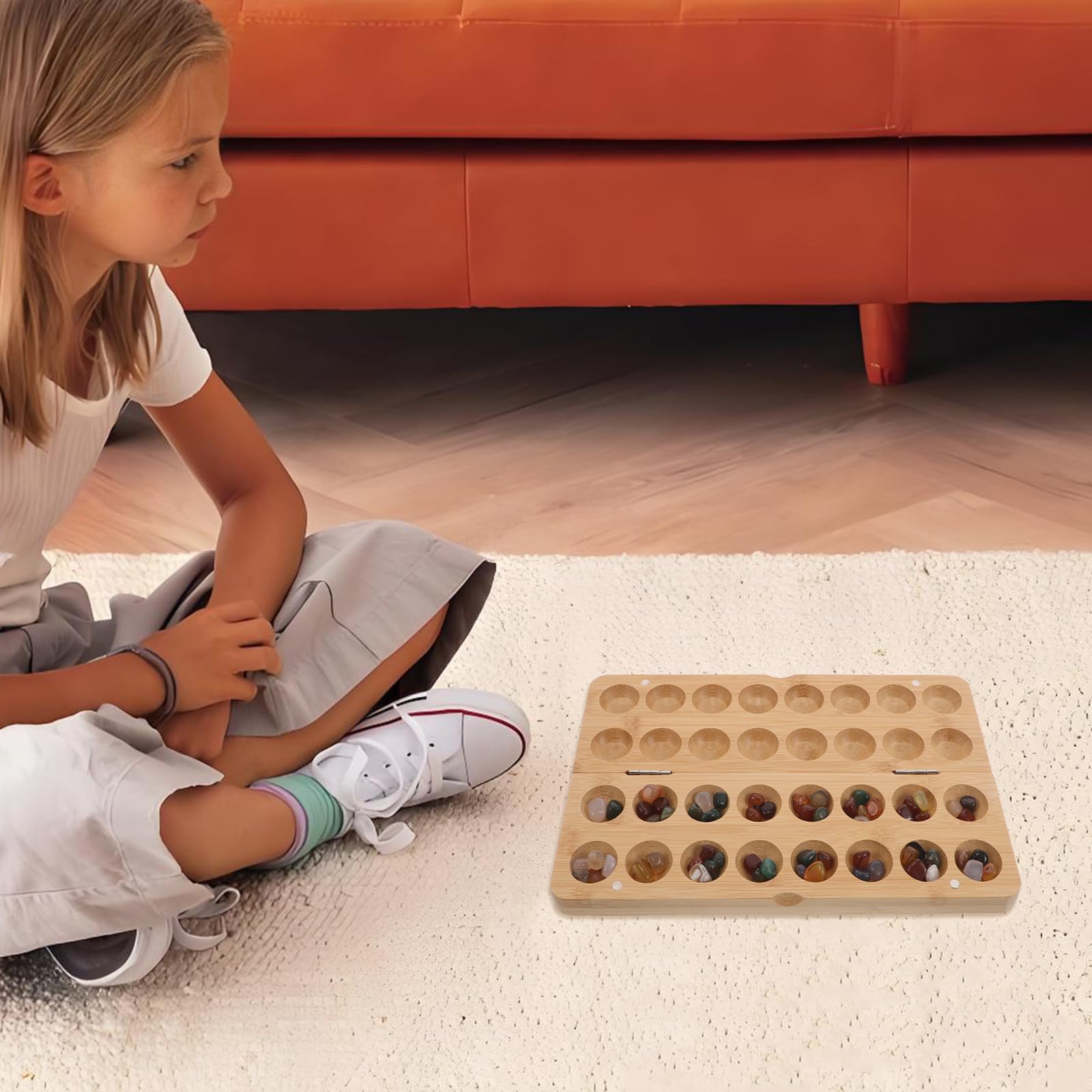 Juego de Mancala Infantil Plegable de Bambú y Piedra, 1 Juego Educativo