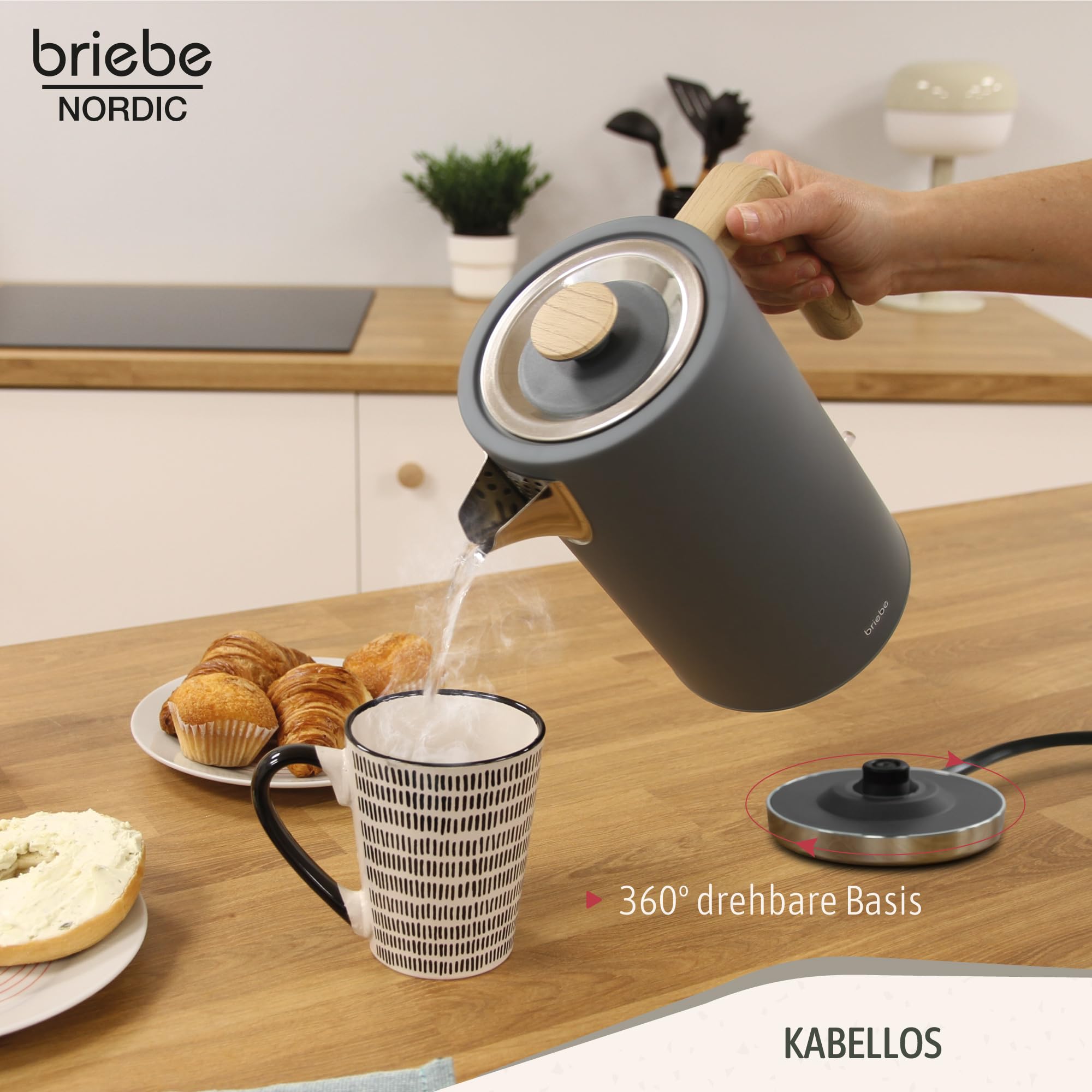 briebe Nordic Set Toaster 2 Scheiben Breite Schlitze Brötchenaufsatz 6 Toast Stufen Wasserkocher 1,7L 2200W BPA-frei Frühstücksset Grau