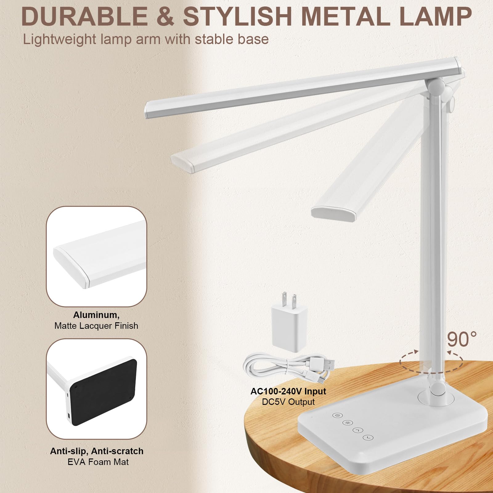 Schreibtischlampe für Home Office, LED-Tischlampe mit USB-Ladeanschluss, augenschonende Tischleuchte für Schlafzimmer, Lesen (weiß)