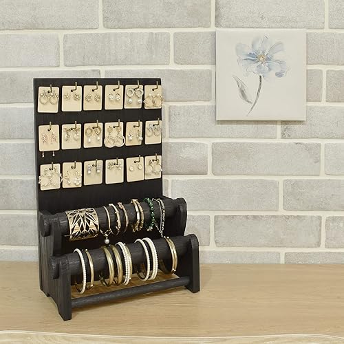 Miniatura 6 de Ikee Design Soporte de exhibición de madera de alta calidad para joyas con 18 ganchos y soportes extraíbles, elegante organizador de aretes y