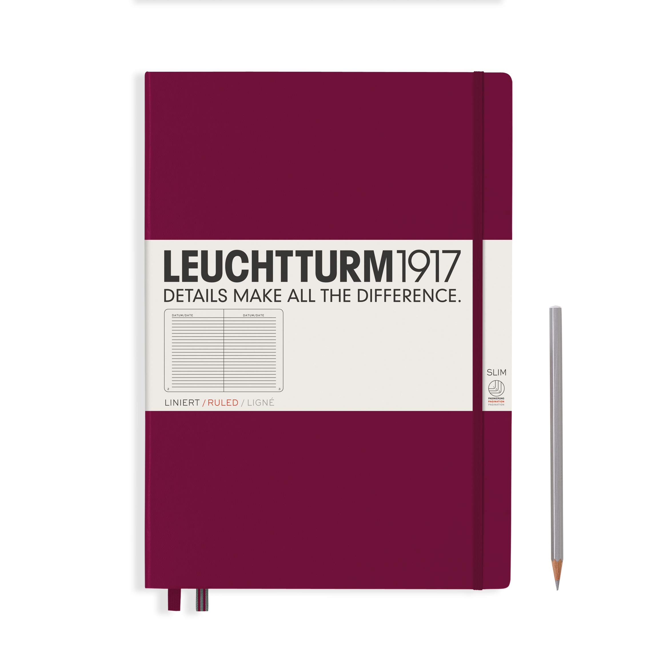 LEUCHTTURM1917359784 Notebook Master Slim (A4+), Hardcover, 123 numbered pages, Ruled, port Red