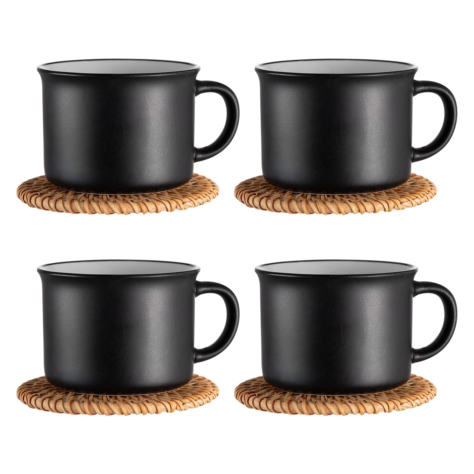 Juego de 4 tazas de café con platillo de cerámica, 180 ml, 8 piezas, juego de tazas con platillo, color negro