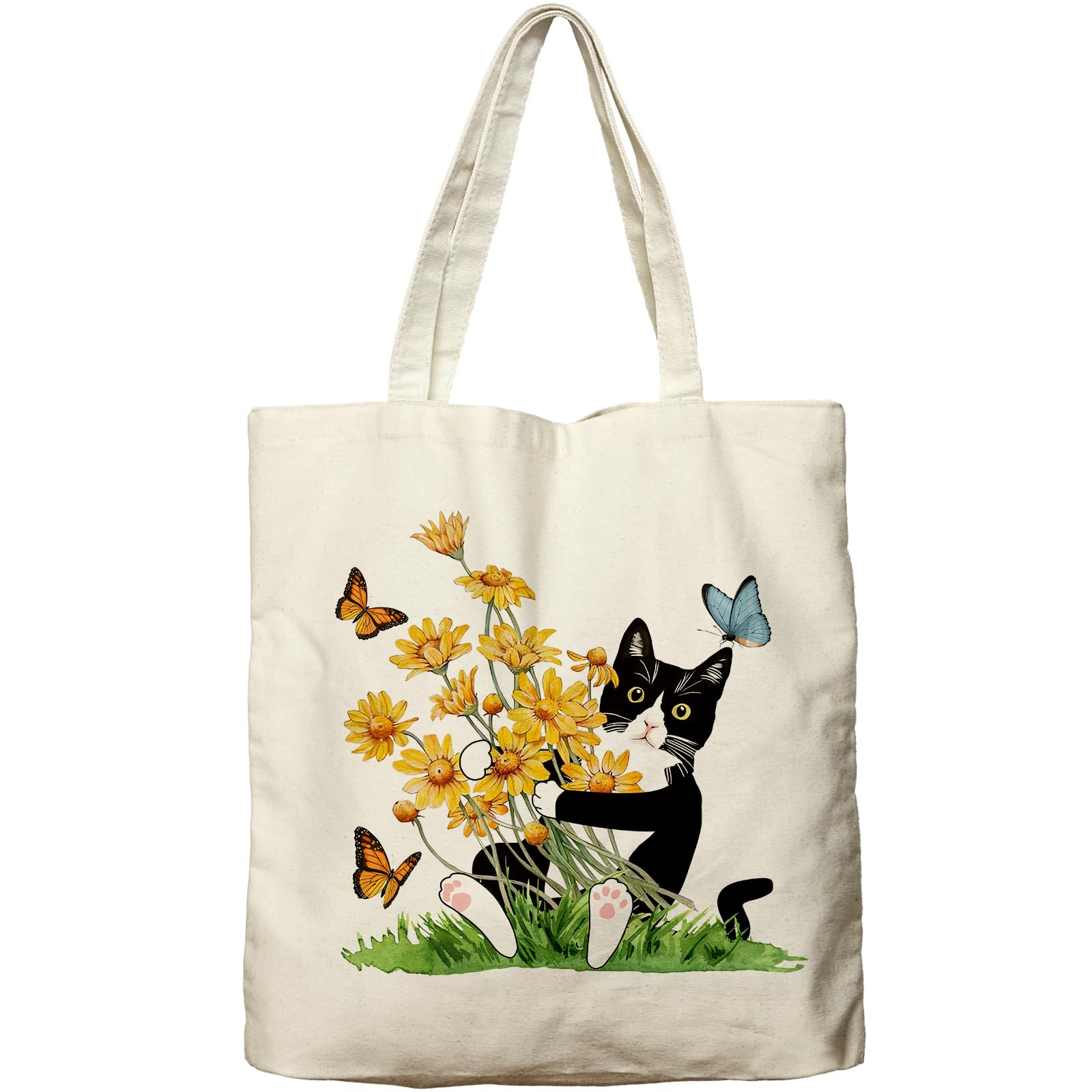 Dlzdn Cat Floral Canvas Tote Bag For Women Aesthetic Funny Cat Butterfly Shopping Grocery Bag Beach Bag Gifts for Women Teacher Bag Reusable Grocery