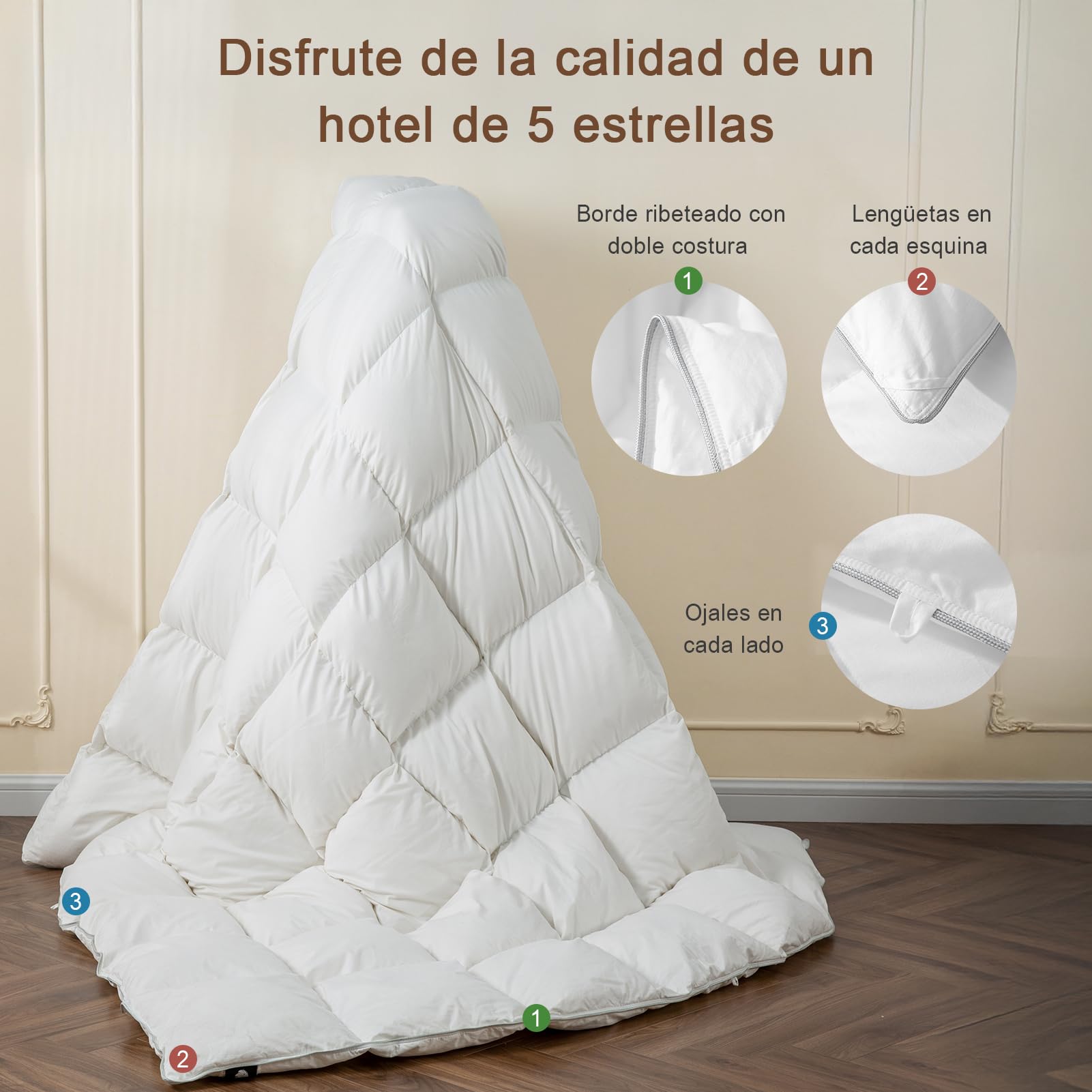 Edredón de Plumón Cama 150/135, 90% Plumon de Ganso y 10% Plumas, Algodón Egipcio Ultra Silencioso, 4 Estaciones Extra Cálido Edredon, Relleno Nordico Pluma 220x240, Down Feather Duvet 240x220