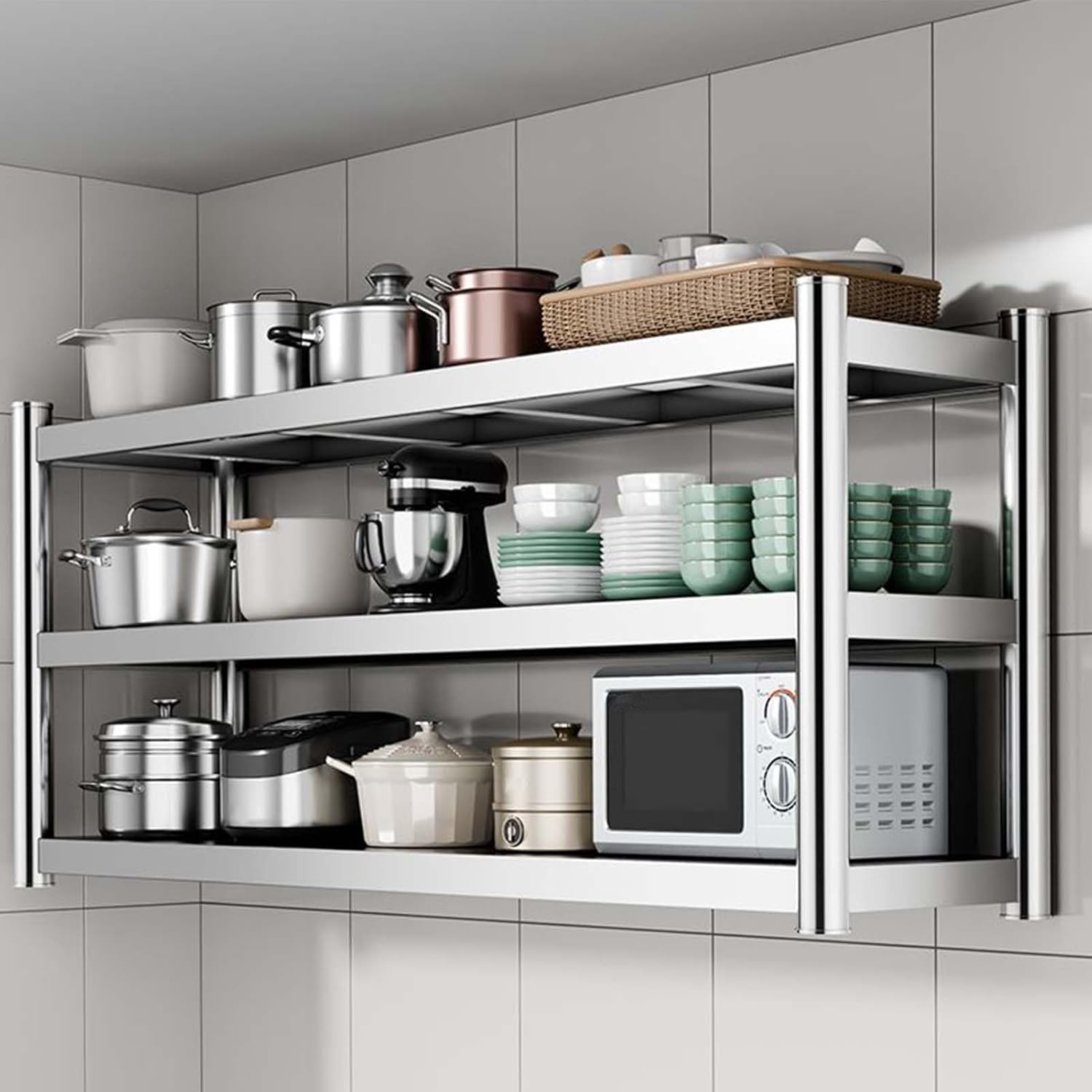3 Tier Stainless Steel Shelf Wall Mounted Storage Shelving with Adjustable Multi Purpose Heavy Duty Organizer Rack for Microwave Toaster & Kitchen Appliances(3 - Layer 80x30x75cm)