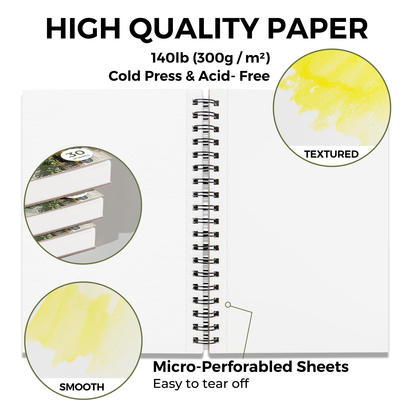 Funto Bloc De Papier Aquarelle 10x7"(25,4x17,78cm), Lot de 3, 90 feuilles, 140 lb/300 g/m², papier pressé à froid recto verso, reliure spirale, papier épais pour peinture à l'aquarelle