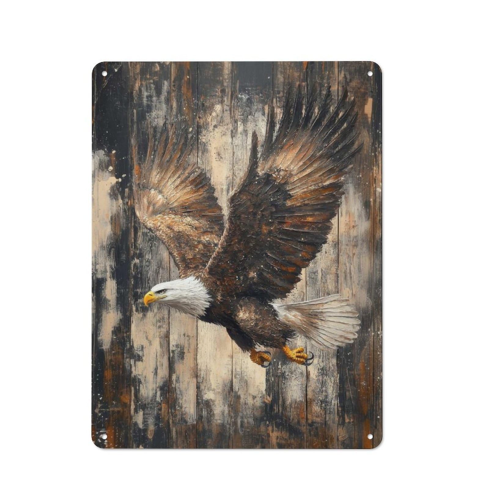 Old Style Bald Eagle in Flight on Wood Bold Nature Wall Art Vintage Metal Sign 40x30cm, Bar Wall Plaque for Pub, Home Bar, Shed Or Man Cave