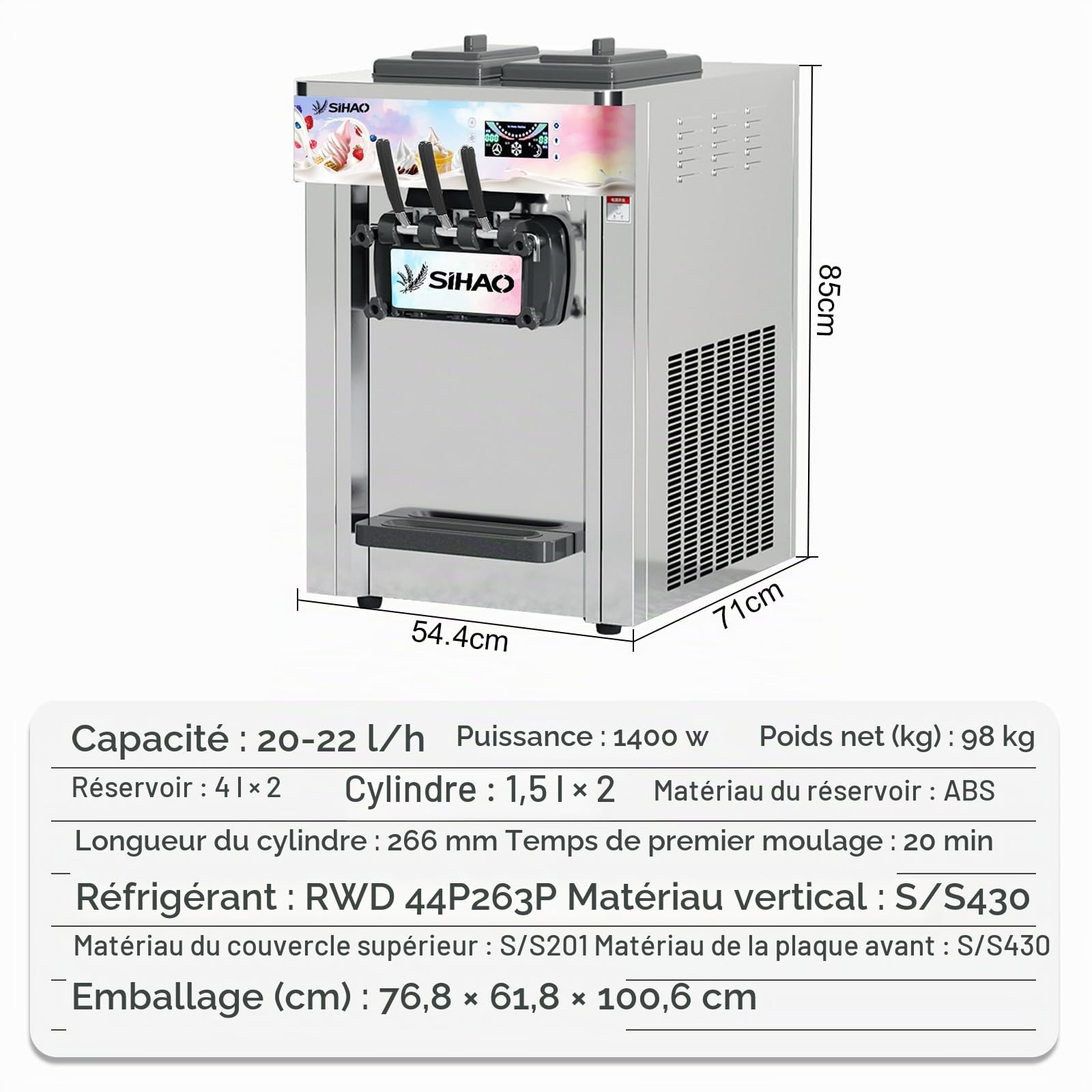 Machine à Crème Glacée Commerciale 2200 W, 20-28 L/h, 3 Saveurs，Machine à Glace Italienne avec Écran LED, Refroidissement Rapide, Nettoyage Automatique, pour Restaurant, Café, Bar, Glacier(S20AB)