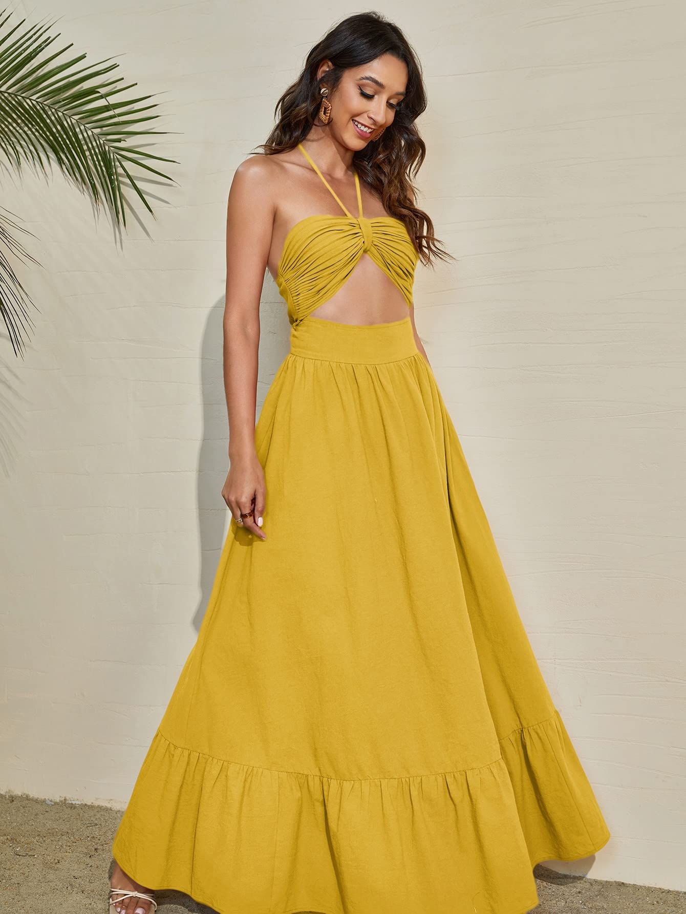 mustard halter neck dress Women's Dresses Backless Ruffle Hem Dress for Women(Mustard Yellow,X-Large) : Clothing, Shoes & Jewelry waisttrainingindo