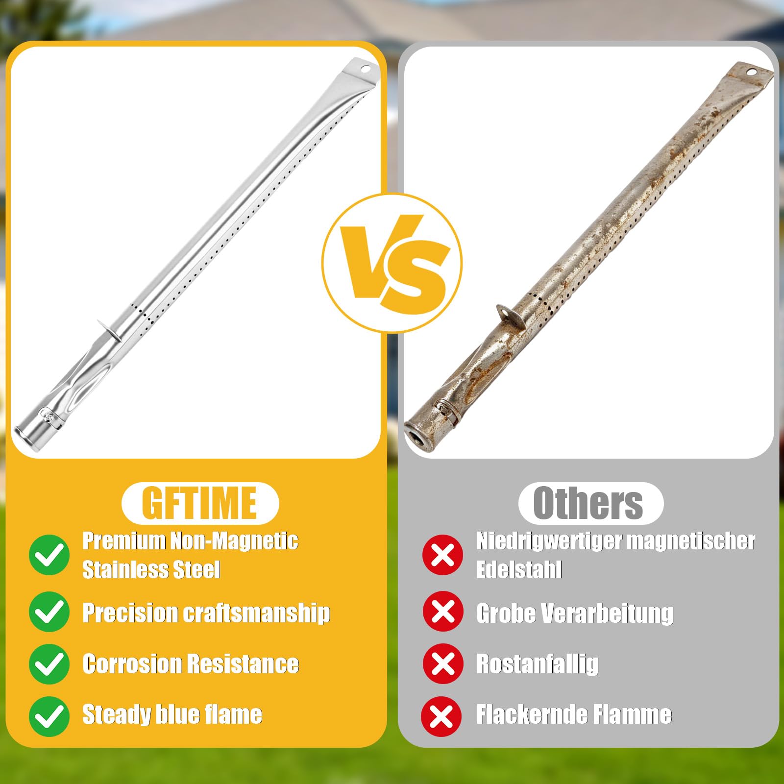 GFTIME Edelstahl Brenner 42 CM Set für BBQ Grillware, Broilmate, Charmglow, Tepro, Master Forge, Flame Rohrbrenner, Gasgrill Ersatzbrenner, Ersatzteile Brennerrohr, Heckbrenner, Verteiler