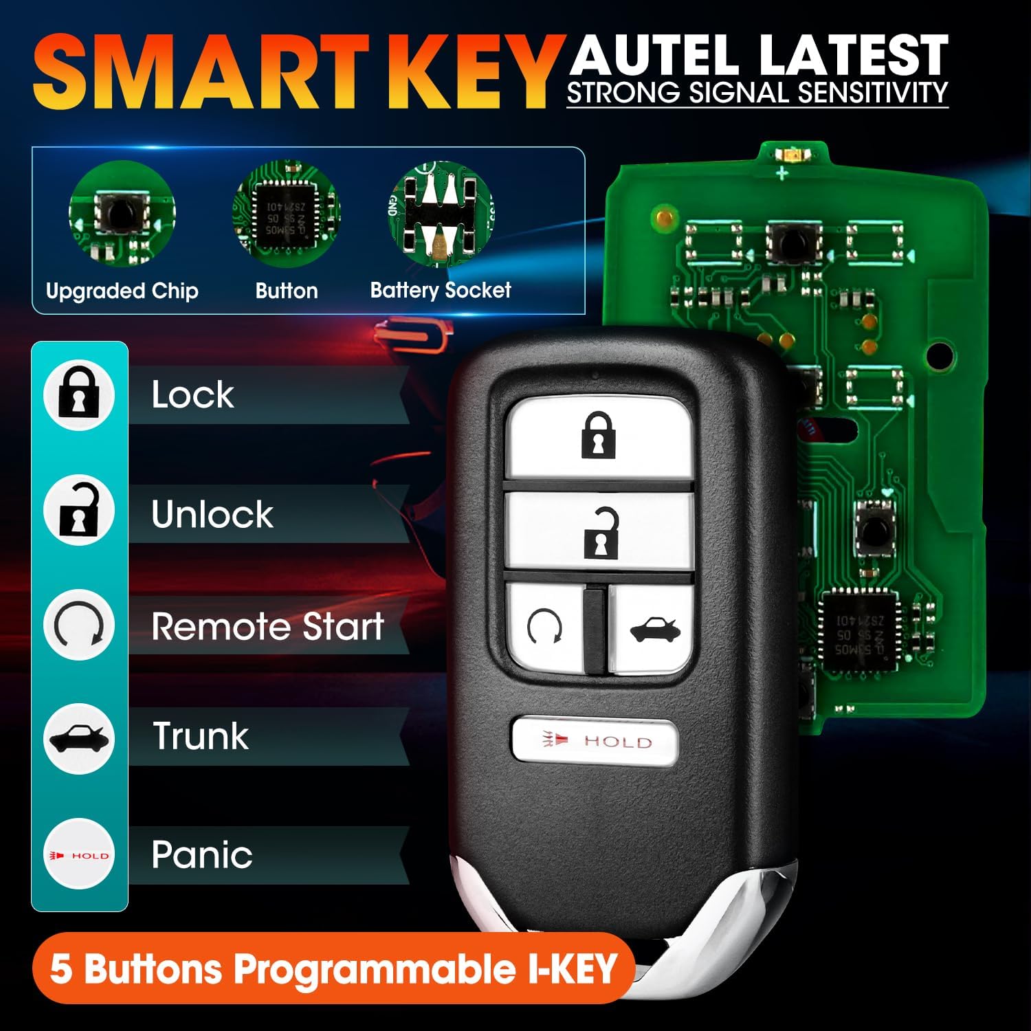 Autel MaxiIM IKEY Programmable Blank Key for Honda, 2026 IKEYHD005AL 5 Buttons Key Fob Replacement, 130FT/ 40M Smart Keyless Entry Remote, Work with Autel KM100(X) IM508S IM608 PRO 2 IM608S II