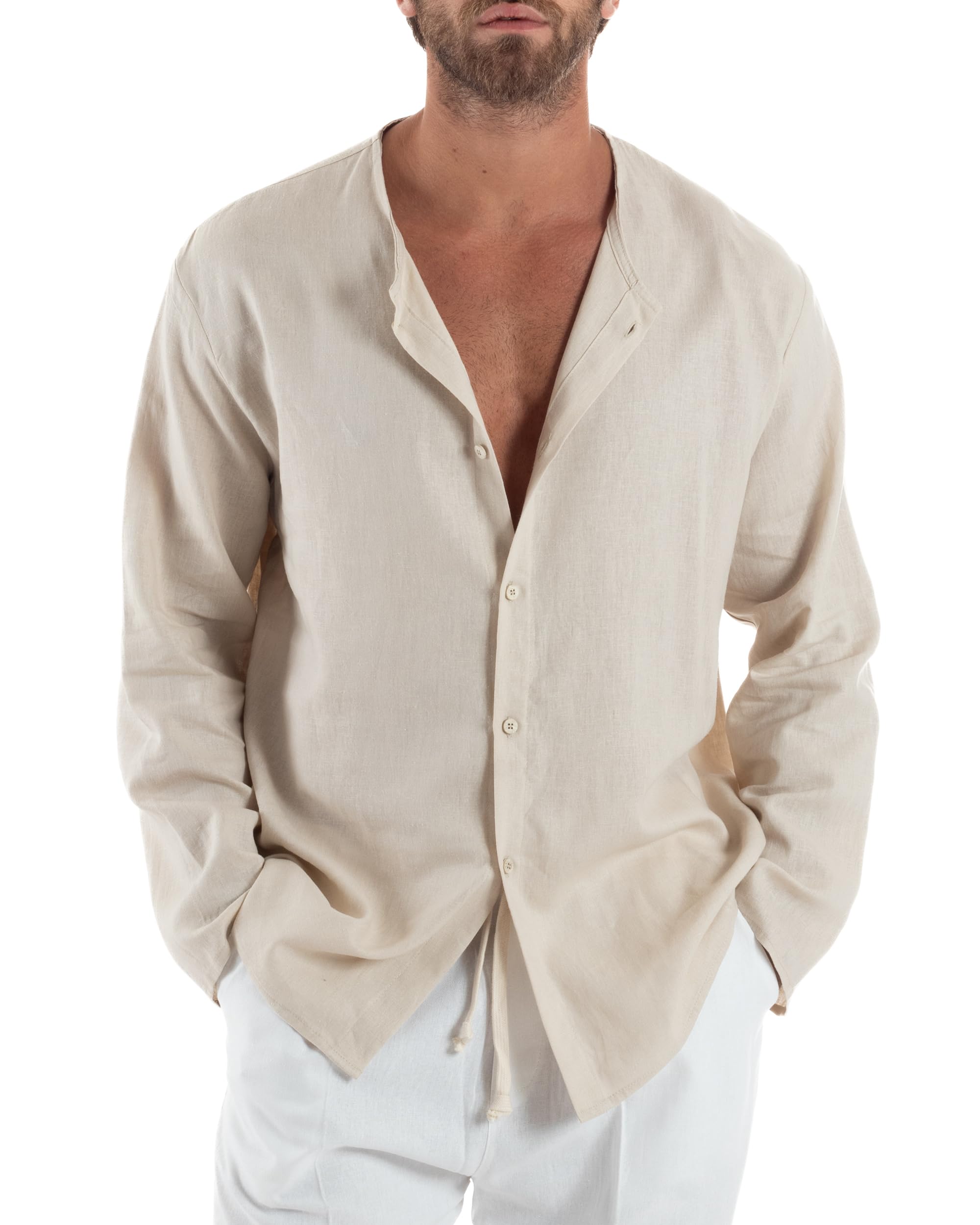 Camicia Uomo Casacca Lino Relaxed Fit Maniche Lunghe Casual Fresca Leggera Collo Serafino Tinta Unita Vari Colori