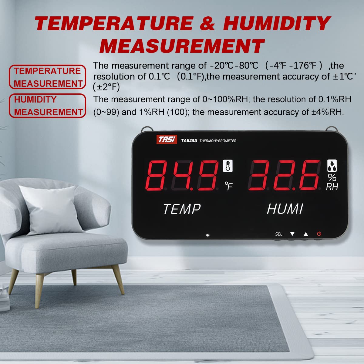 Intelligentes Temperatur-Feuchtigkeitsmessgerät, LED-Anzeige, Digitales Thermometer-Hygrometer für den Innen- und Außenbereich (Schwarz1)