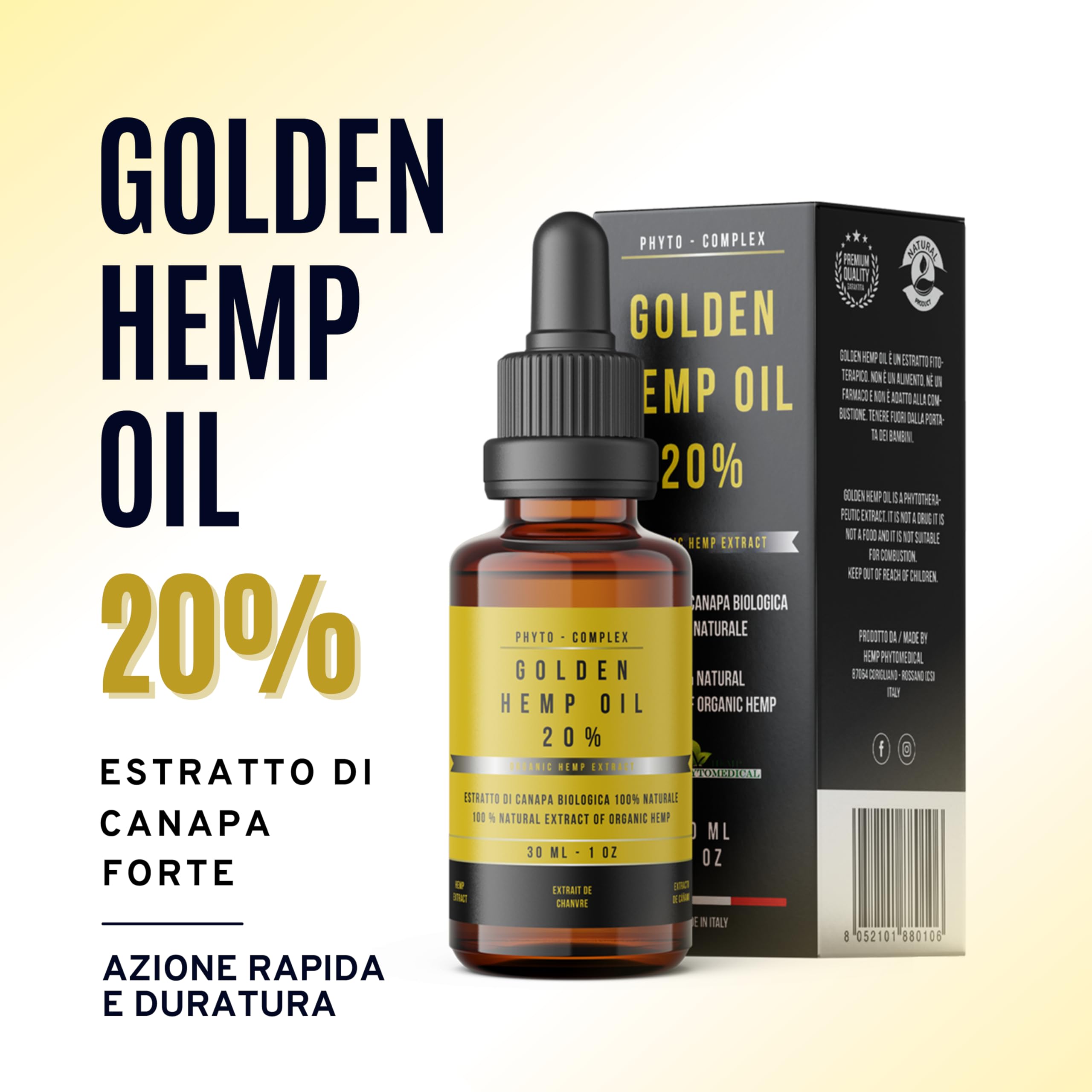 HEMP PHYTOMEDICAL Golden Hemp Oil 20% Olio di Canapa Certificato, 30 ml | Alta Concentrazione, Made in Italy