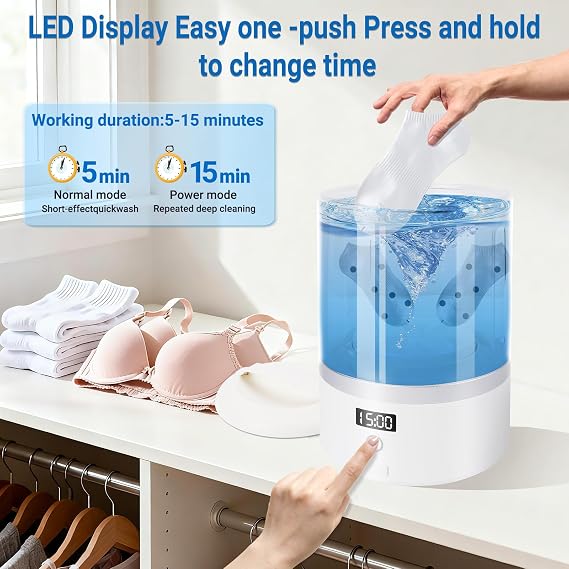 Portable Washing Machine, Mini Washer for Socks & Underwear, 1.5L Compact Electric Ultrasonic Washer for Travel, Dorm, Apartment, 5/15-Min Quick Wash with LED Display White