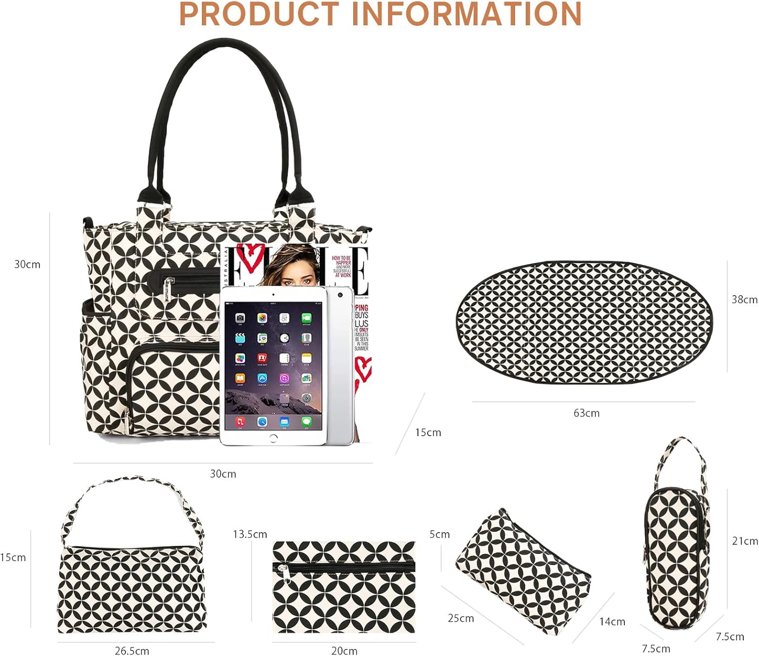 7pcs Diaper Bag Tote Set,Multifunction Baby Nappy Changing Bag Shoulder Handbag Travel Mommy Bag with Bottle Bag