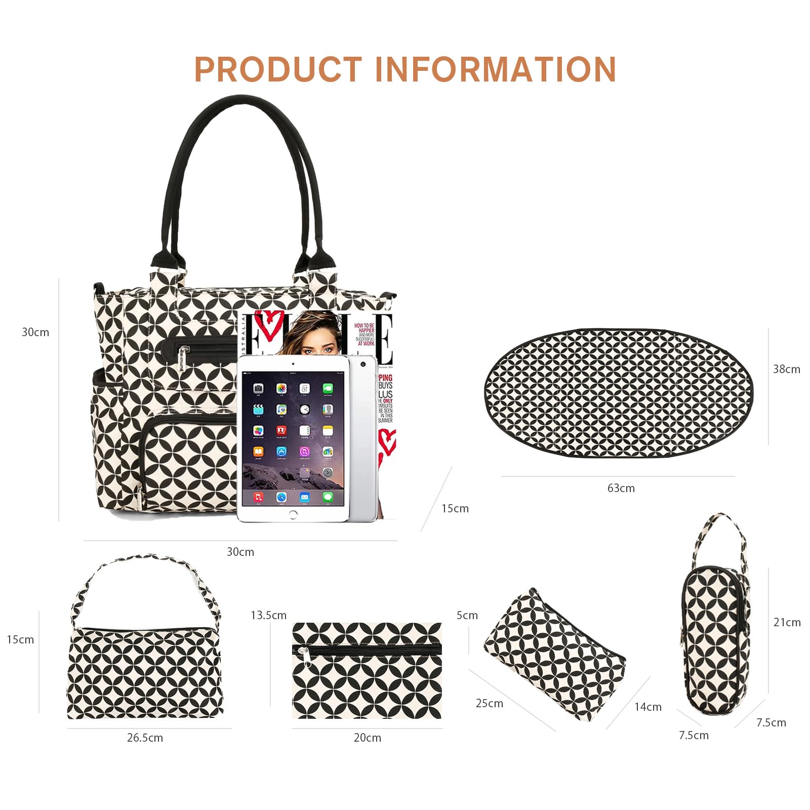 SONARIN Set di 7 borse per pannolini per bambini, borsa per pannolini, tracolla multifunzione, borsa per la maternità, borsa per pannolini da viaggio, con fasciatoio e ganci per passeggino