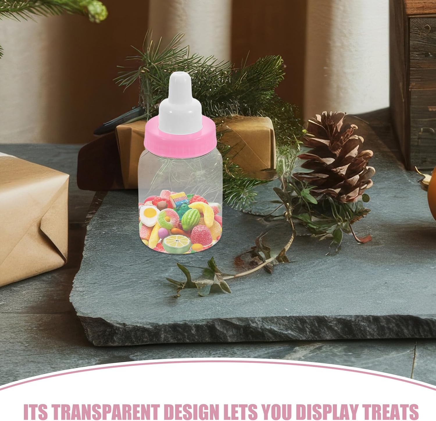 48pcs Bottle Candy Boxes for Shower, Refillable Plastic Candy Storage Containers with Lids, Pink Bottle-shaped Favor Jars for Birthday Party