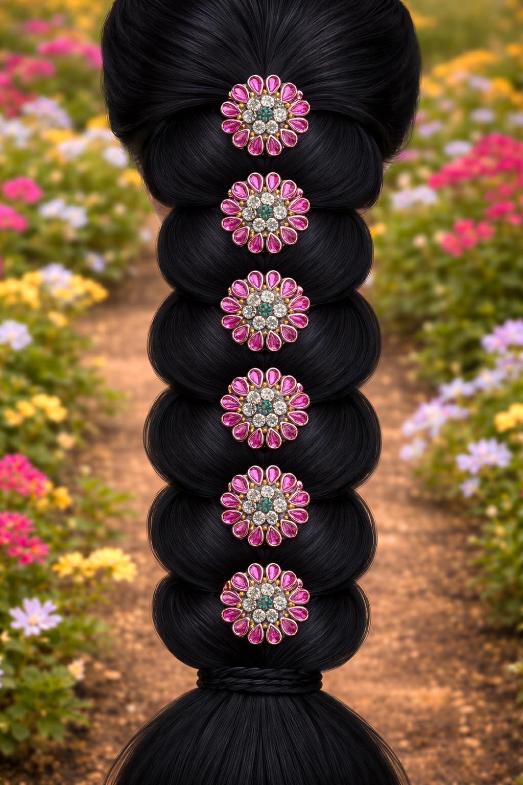 Handmade FLORAL jada billa HAIR ACCESSORIES PINK WITH WHITE STONE - SET OF 6 PCS-image-27