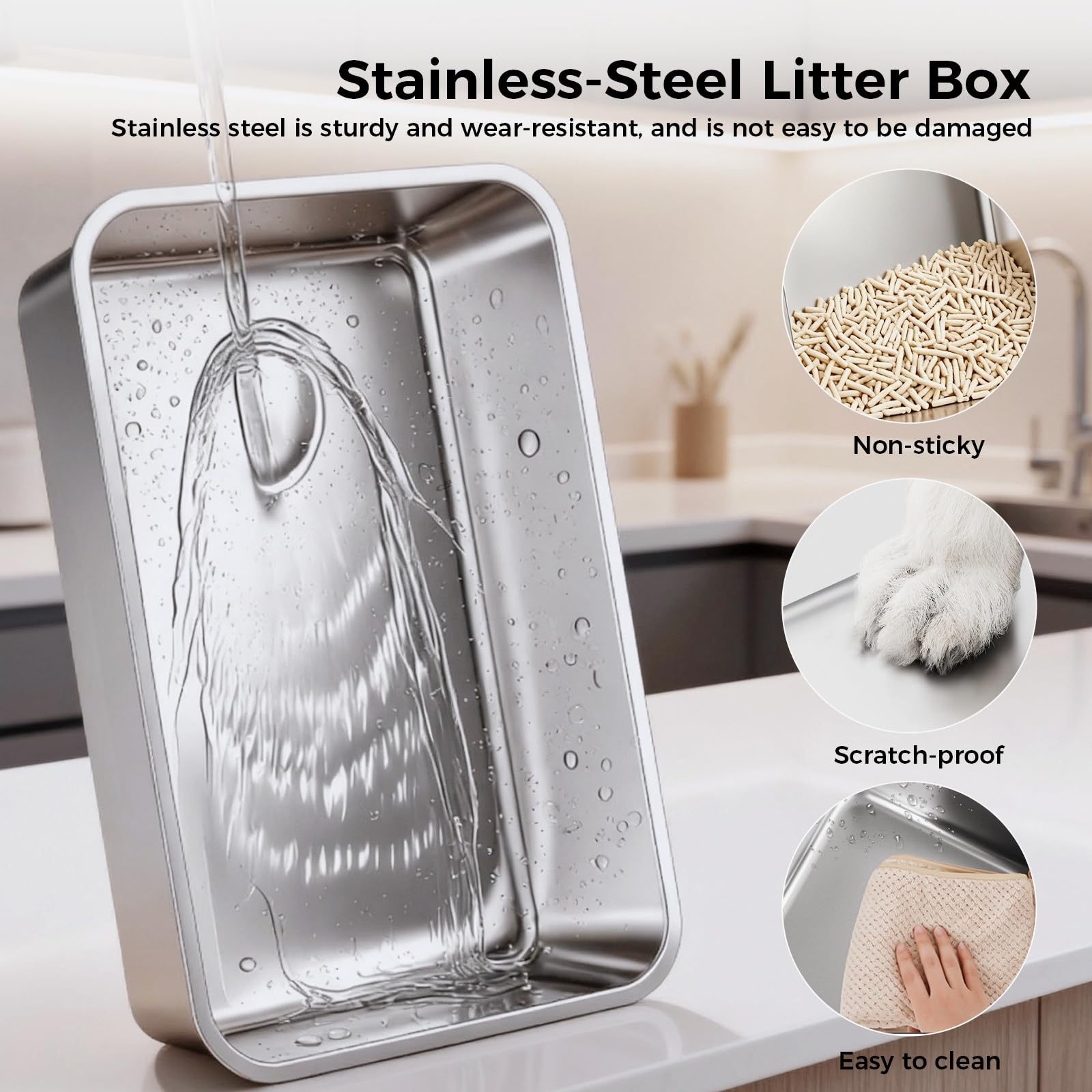 GTPLAYER XL Stainless Steel Cat Litter Box for Big & Multiple Cats, Easy Clean Odor-Resistant Design, High Sided Leak-Proof Litter Box with Mat & Scoop – Dark Grey - image 5