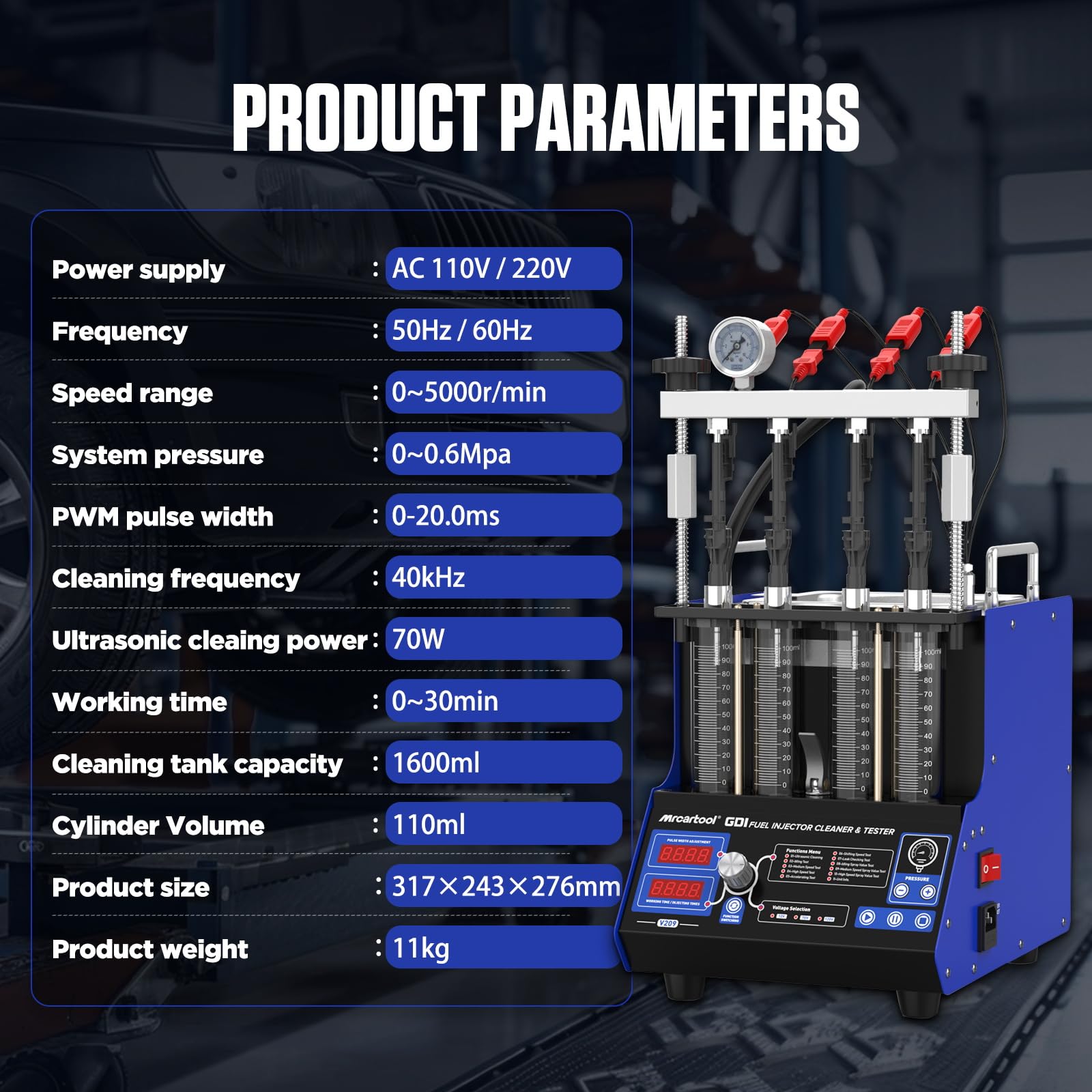 PLAYOCCAR Máquina limpiadora de inyector de Combustible, 220V Limpiador y probador de inyector de Combustible 2 en 1, Limpiador de inyector de Combustible ultrasónico con 9 Funciones de Prueba (V209)