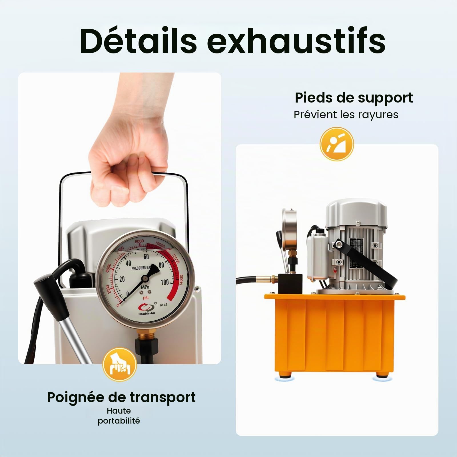 Pompe hydraulique électrique 750 W 220 V, groupe hydraulique professionnel jusqu'à 70 MPa/10 000 PSI pour cylindre hydraulique à double action, convient pour l'industrie avec manomètre pour lever