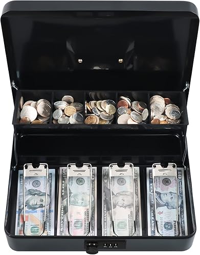 Miniatura 8 de Xydled  Caja de efectivo con bandeja de dinero y cerradura de combinación, diseño escalonado y voladizo, 4 espacios para billetes5 ranuras para