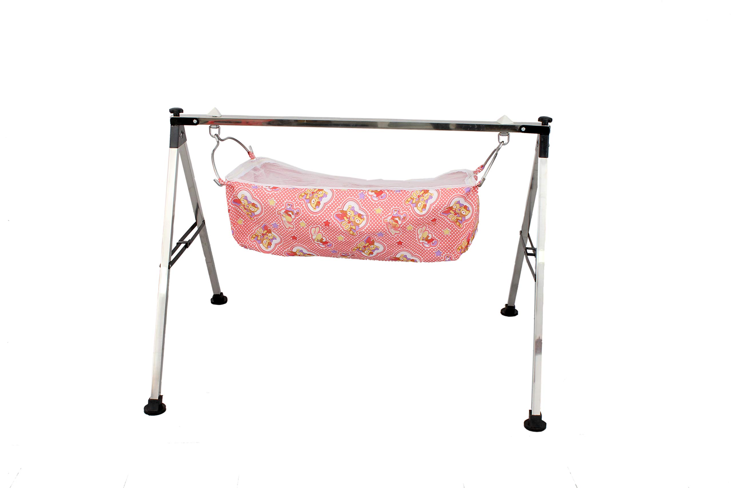ARYAN JHULA Baby Boy's and Girl's Stainless Steel Portable Folding Cradle | Palna | Mosquito Net Folding Swing Cradle | Ghodiyu | Parna | Baby Jhula for Kids (Baby Pink Color)