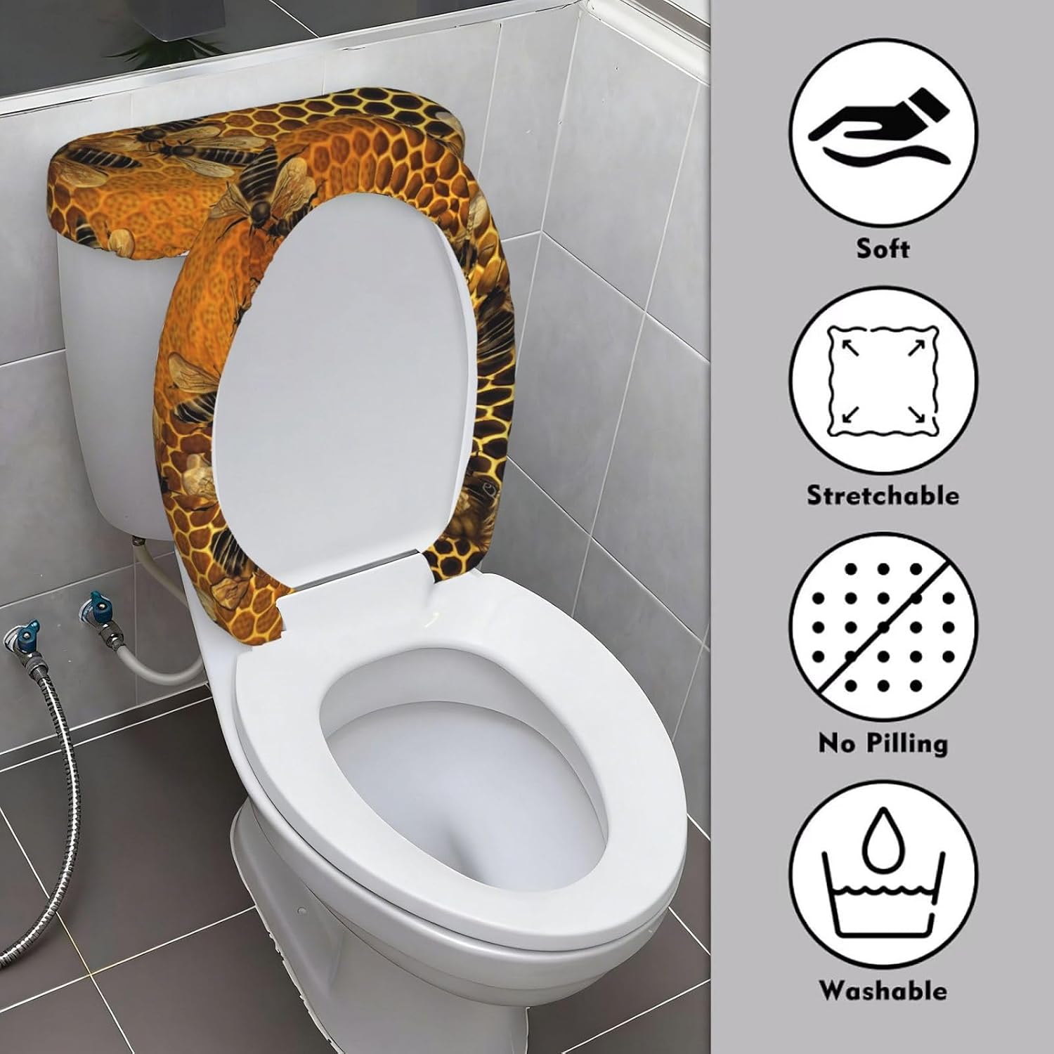 2 Pcs Toilet Lid Cover and Toilet Tank Lid Cover, Washable Toilet Cover with Elastic Bottom Replacement Soft Stretch Toilet Seat Cover Set Bees on hive Bathroom Decor