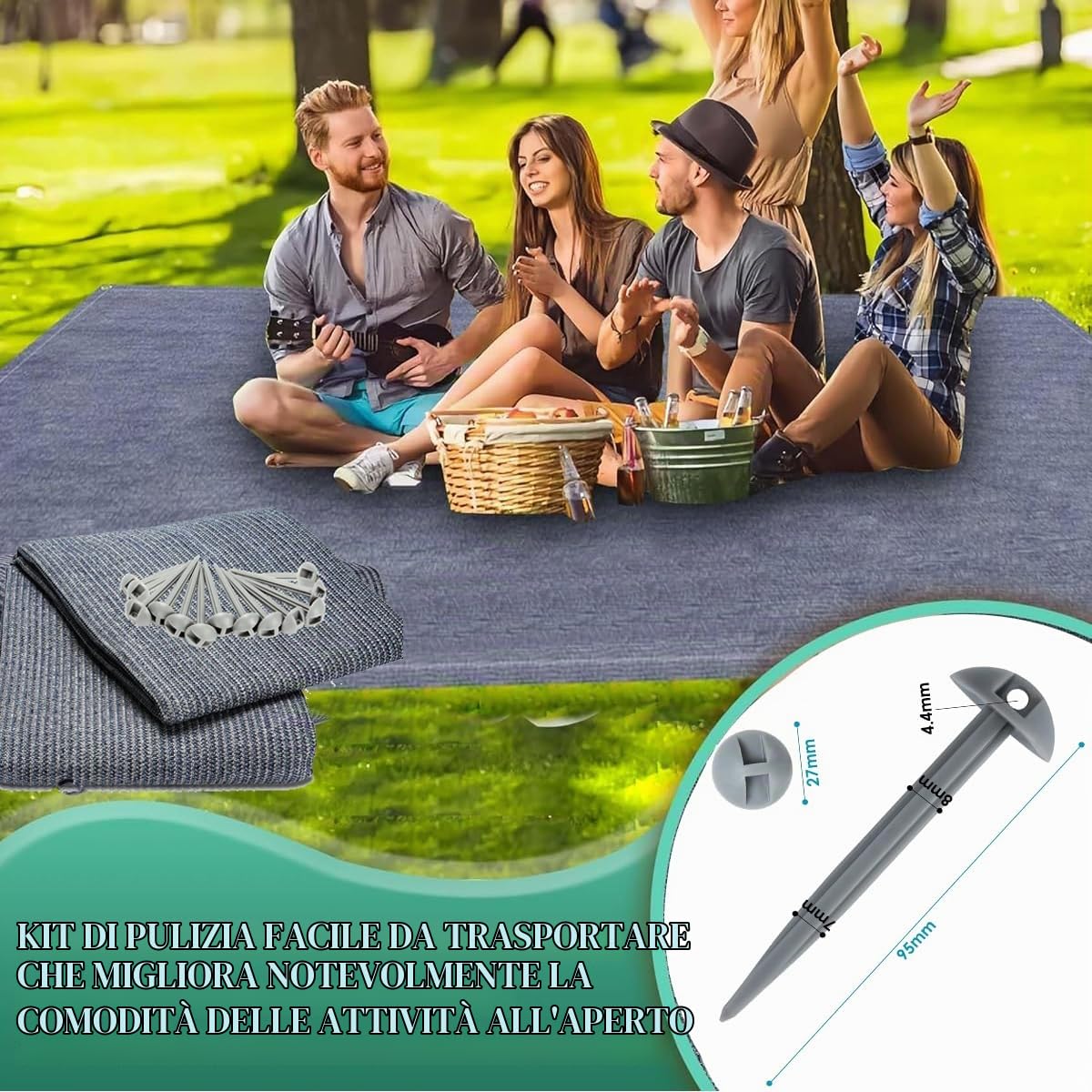 Generico Tappeto per Tende da Sole,stuoia Campeggio,Tappeto per Veranda Camper,Tappeto Camper,Telo Campeggio Pavimento,Traspirante, Antiscivolo,con 12 Fori, 13 picchetti e Borsa per Il