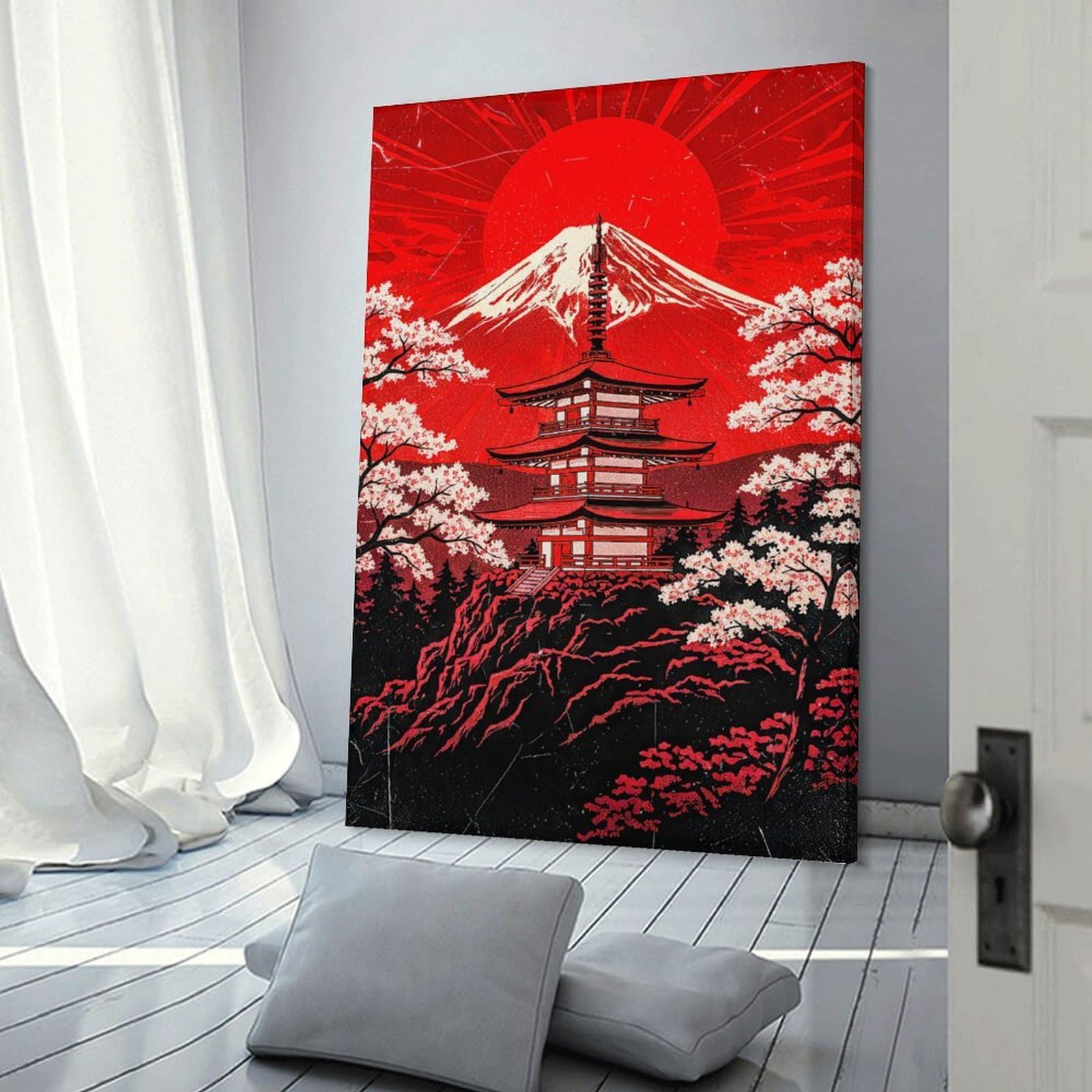 Junmoney Mount Fuji Pagoda Cherry Blossoms Canvas Wall Decor, 24x36inch(60x90cm), for Lounge Decor, Bedroom Walls Or Flats, Eye Catching Artwork for Blank Walls