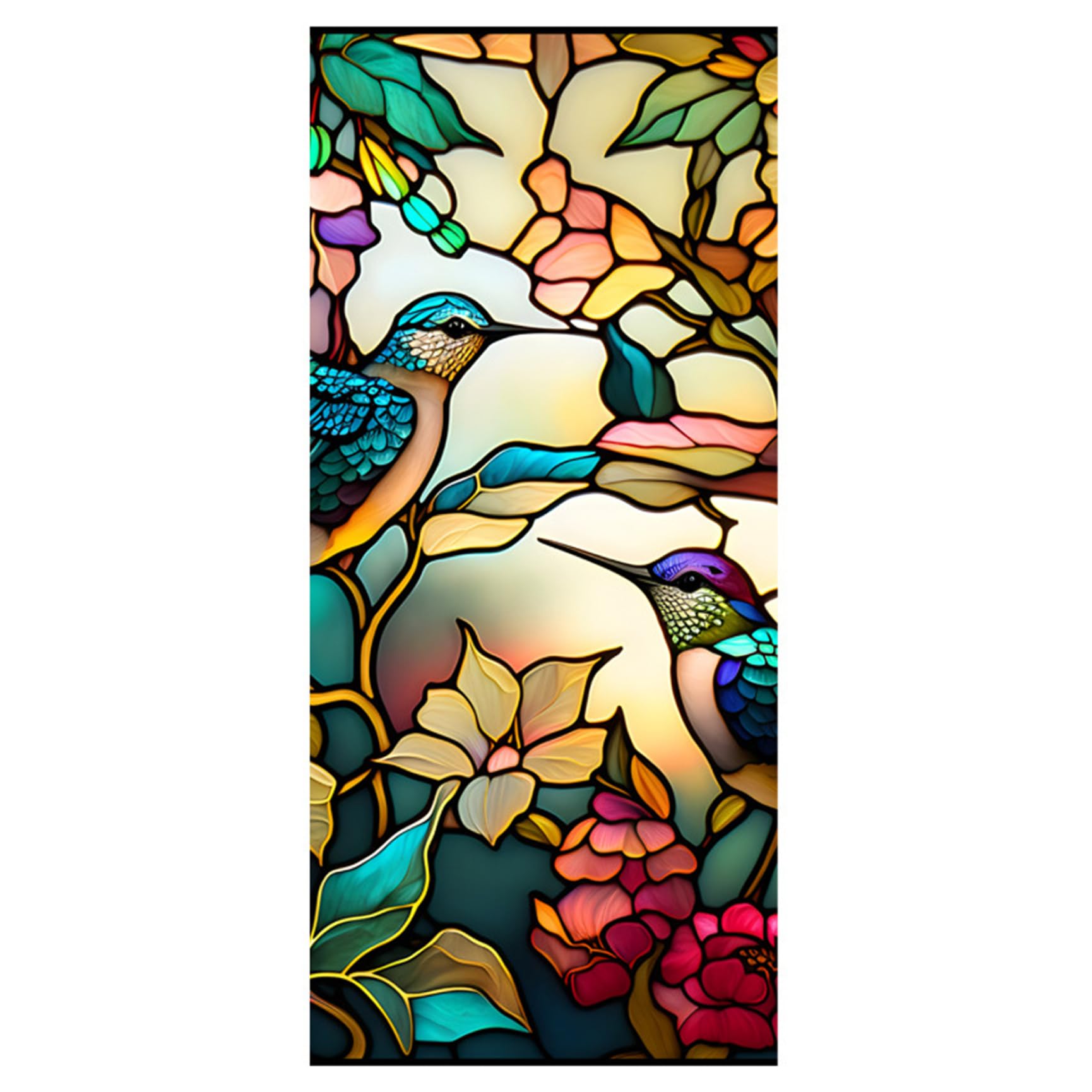 Sjfbebsy 17x39inch Window Privacy Film, Flower & Bird Pattern Decorative Stained Glass Film, Heat Blocking Static Cling for Home Door Window