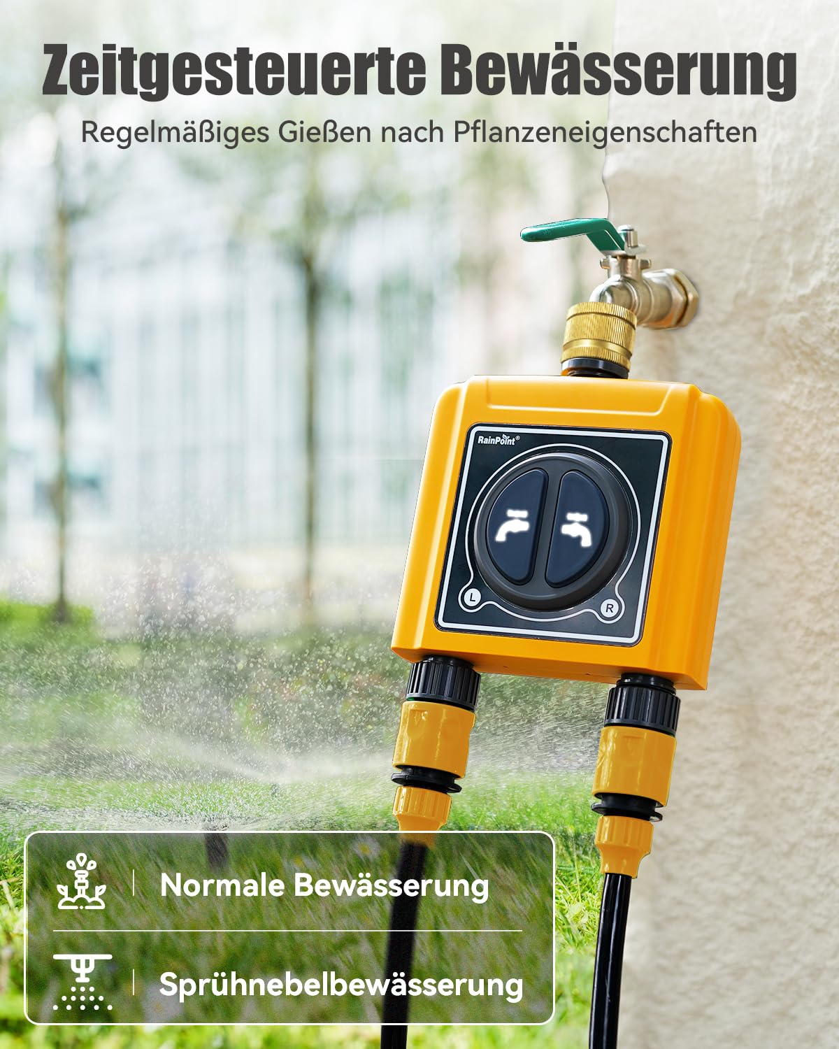 RAINPOINT Timer Irrigazione WiFi 2 Vie, Ingresso in Ottone, Smart Centralina Irrigazione con Controllo App/Vocale, Irrigazione Basata Sull'umidità del Terreno/Meteo, per Prato/Giardino/Serra
