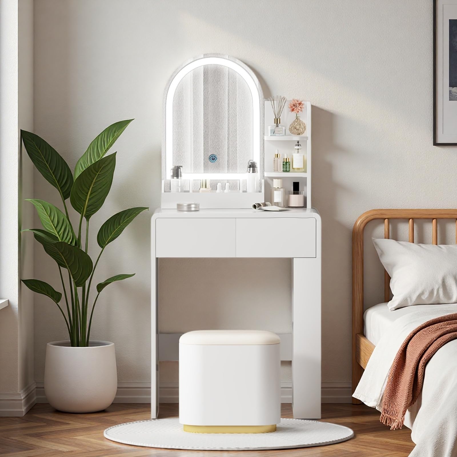 Vanity Table for Girls, Compact Vanity Desk with Side Shelf Storage Space, Dressing Table in Bedroom, Modern Round Curved Design, White