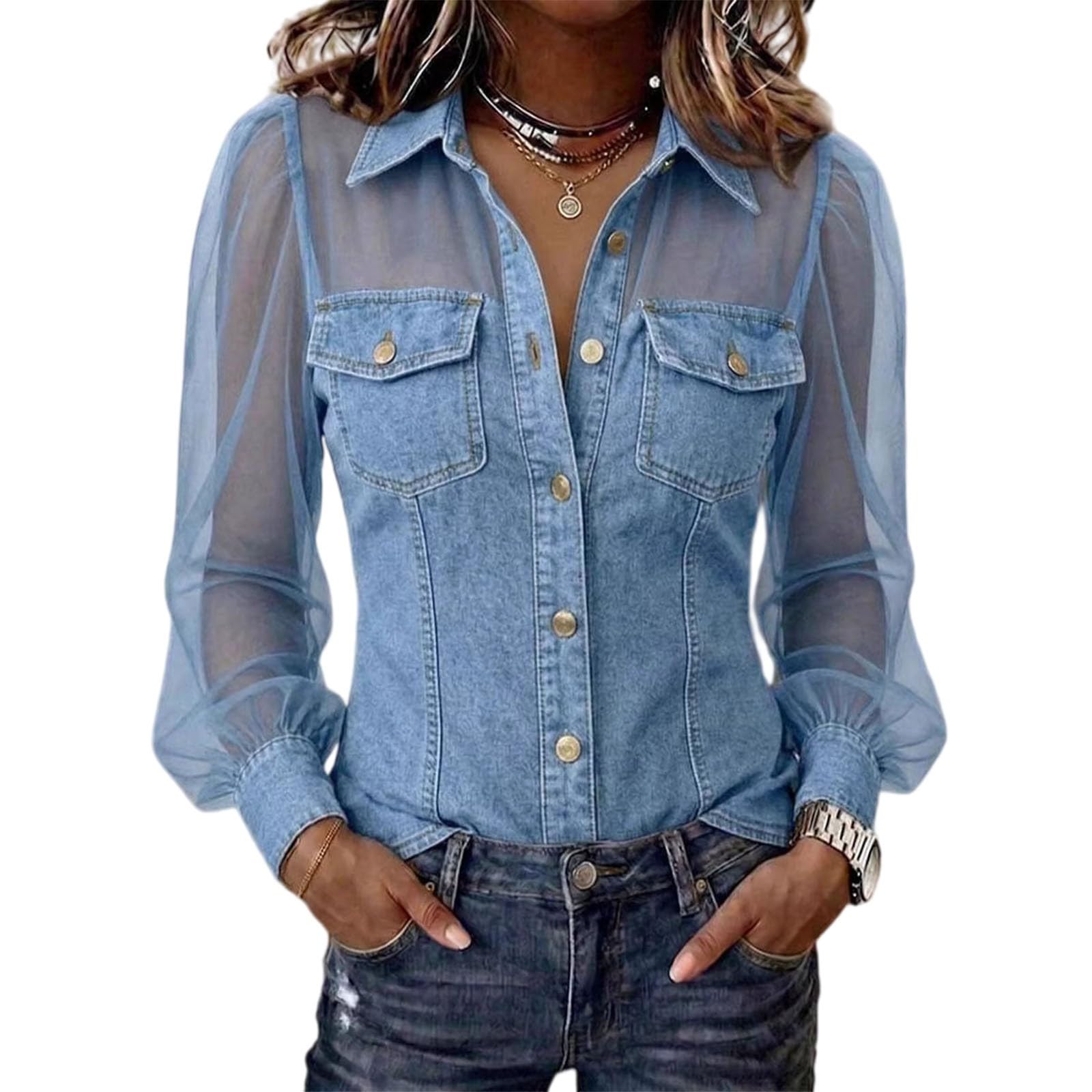 Camiseta sexy para mujer, parte superior de encaje, elegante blusa vaquera