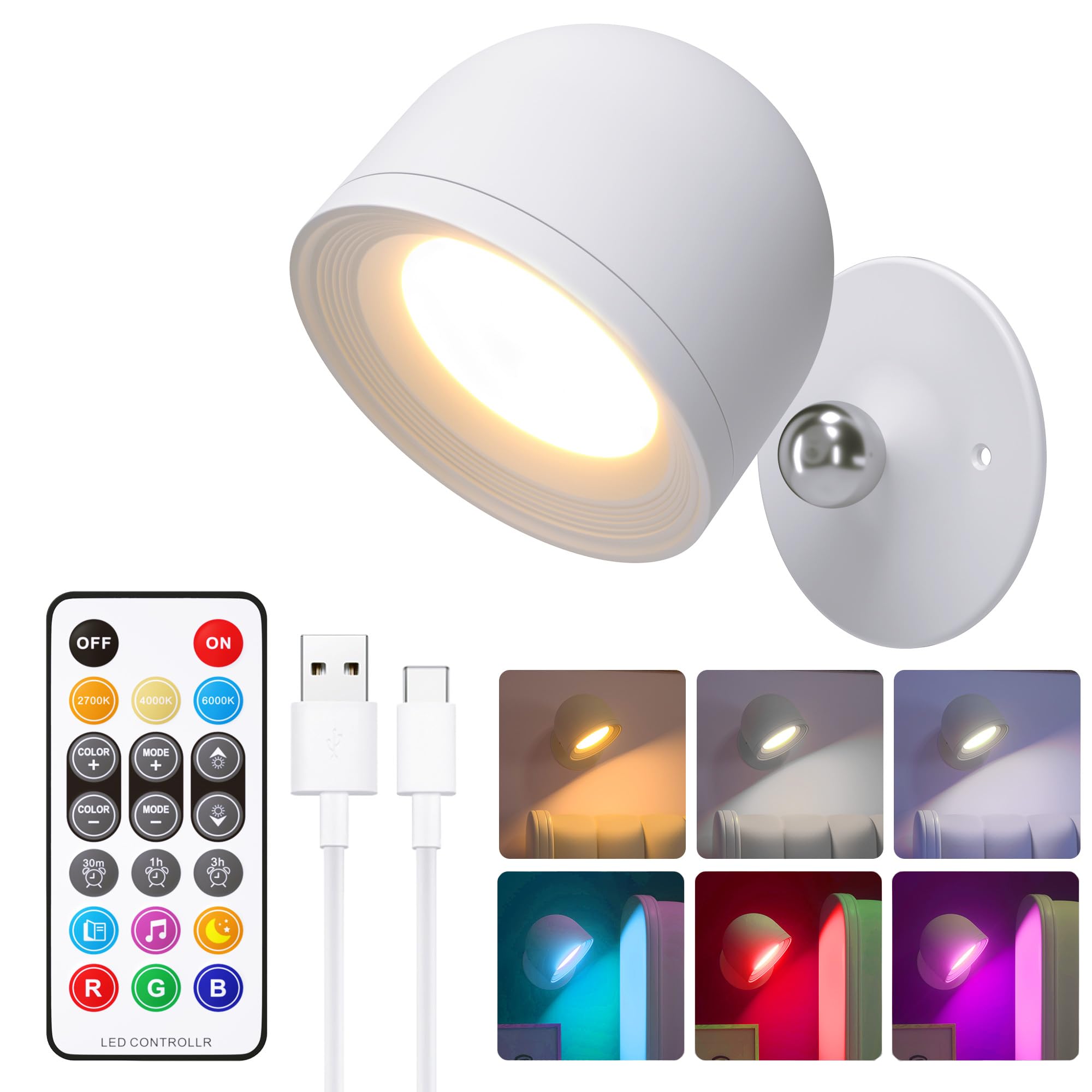 Wall Sconces, RGBCW 3000mAh Rechargeable Battery Operated Wall Lights Indoor with Remote Touch Control, Wireless Cordless Wall Mounted Reading Lamp for Bedroom, Bedside, Picture (White, 1)