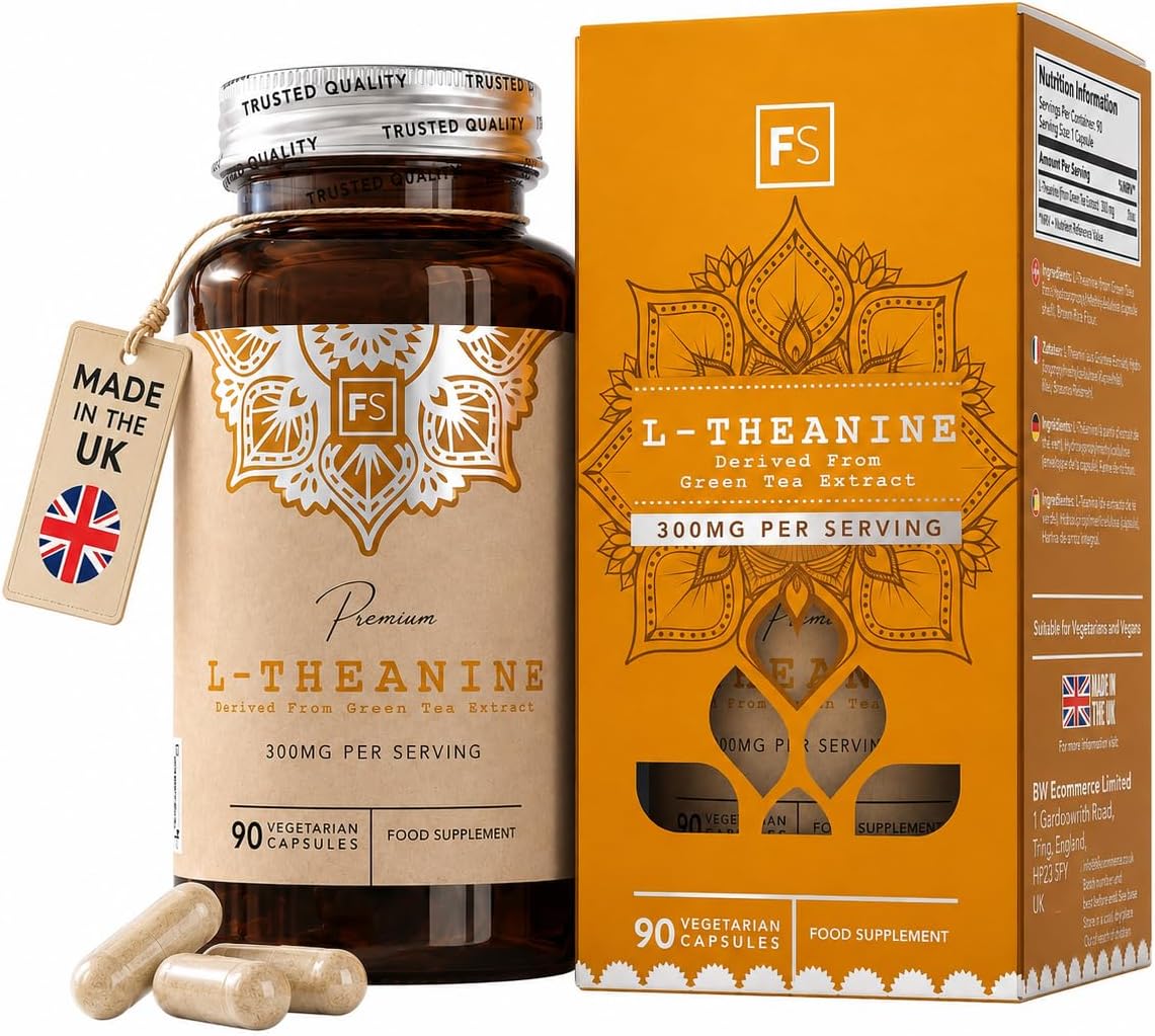 FS L Theanine | 90 L-Theanine Capsules from Green Tea - High Strength 750mg Green Tea Extract Providing 300mg L'theanine per Serving | L Theanine Supplement | Non-GMO Gluten Free | Made in UK